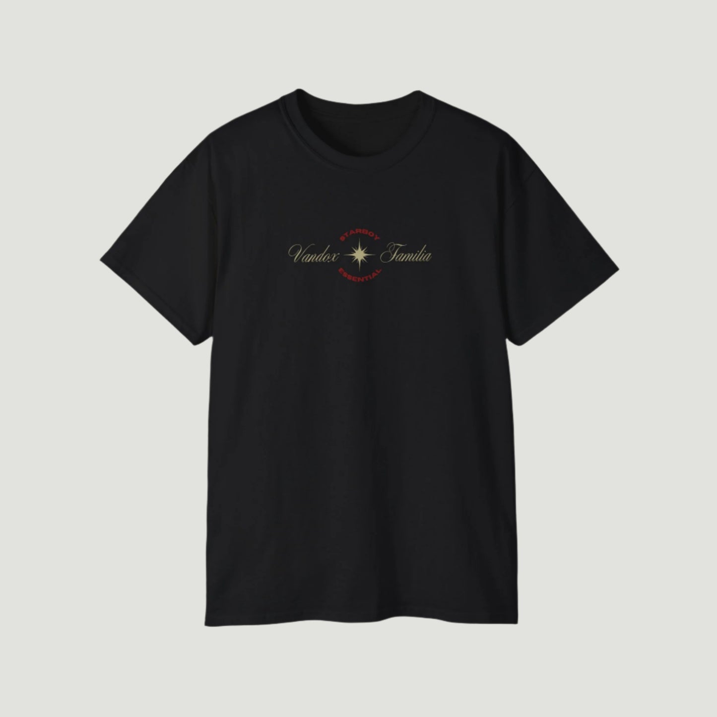Deep Black Vandox Starboy T-Shirt with panther and arch graphic on back, small “Vandox Familia” star emblem on front. Starboy old money shirt tshirt clothes vandox sacrevandox vandox clothes vandox clothing