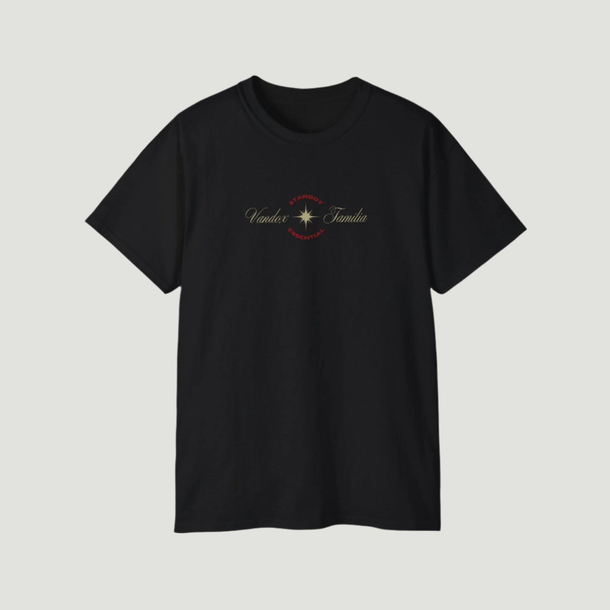 Deep Black Vandox Starboy T-Shirt with panther and arch graphic on back, small “Vandox Familia” star emblem on front. Starboy old money shirt tshirt clothes vandox sacrevandox vandox clothes vandox clothing