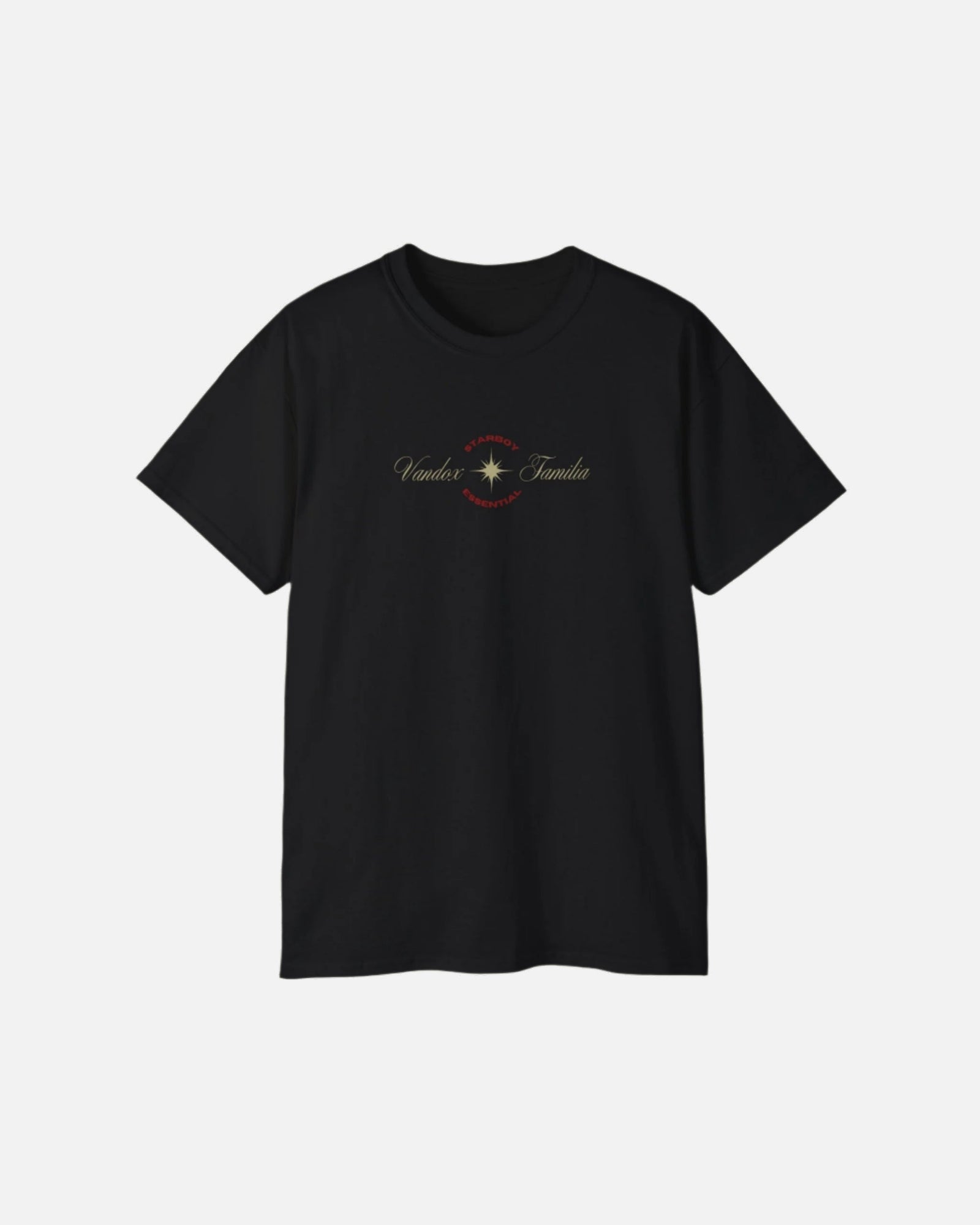 Deep Black Vandox Starboy T-Shirt with panther and arch graphic on back, small “Vandox Familia” star emblem on front. Starboy old money shirt tshirt clothes vandox sacrevandox vandox clothes vandox clothing