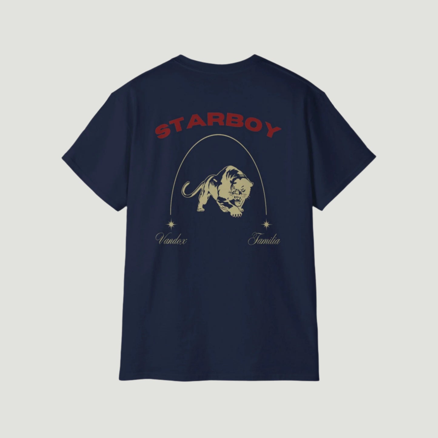Navy Deep Blue Vandox Starboy T-Shirt with panther and arch graphic on back, small “Vandox Familia” star emblem on front. Starboy old money shirt tshirt clothes vandox sacrevandox vandox clothes vandox clothing