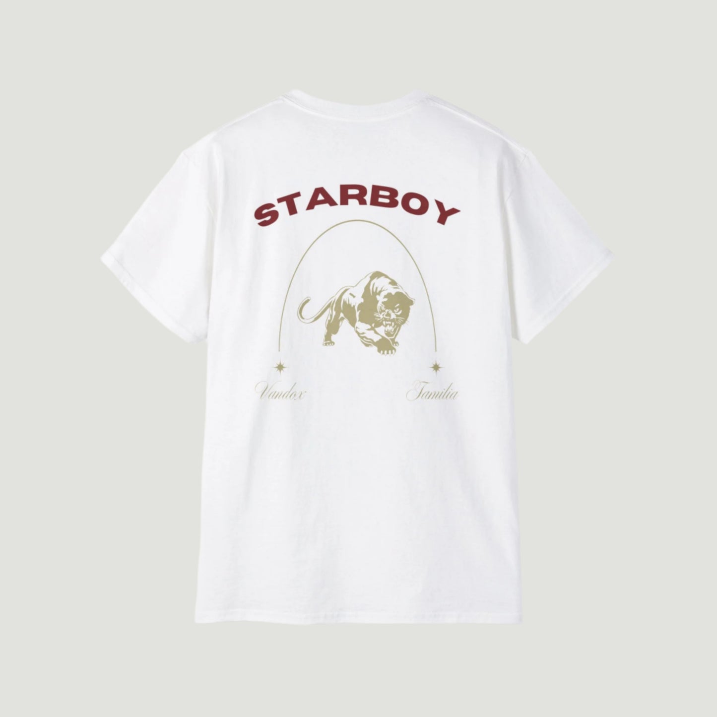 Eggshell White Vandox Starboy T-Shirt with panther and arch graphic on back, small “Vandox Familia” star emblem on front. Starboy old money shirt tshirt clothes vandox sacrevandox vandox clothes vandox clothing