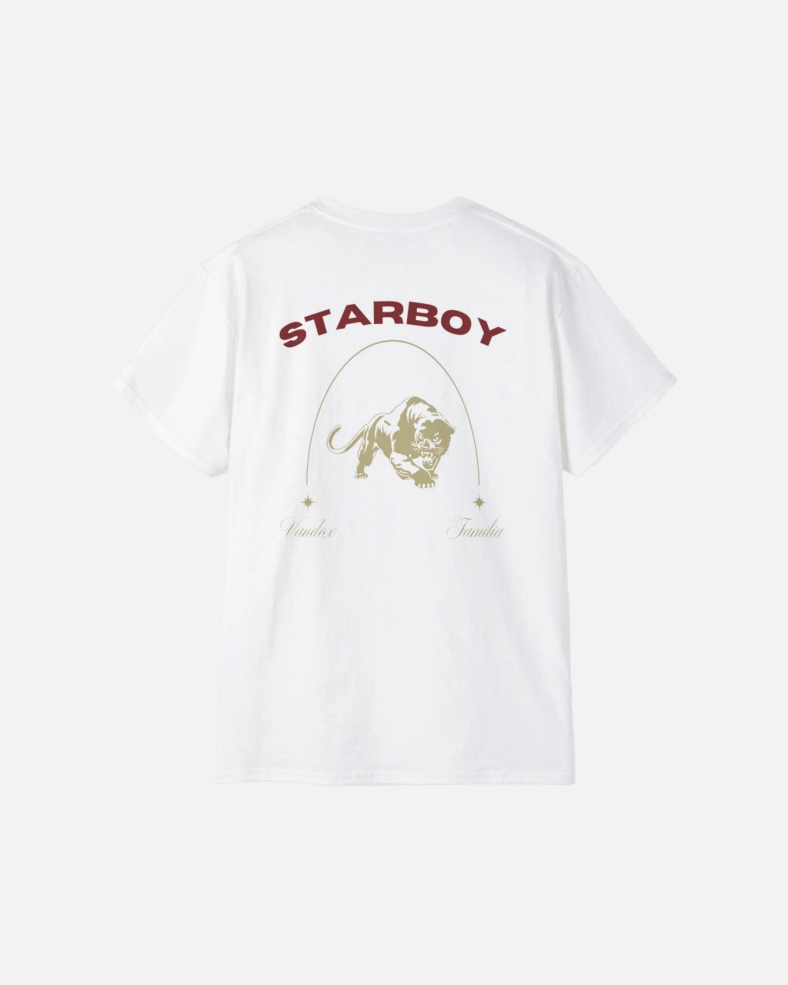 Eggshell White Vandox Starboy T-Shirt with panther and arch graphic on back, small “Vandox Familia” star emblem on front. Starboy old money shirt tshirt clothes vandox sacrevandox vandox clothes vandox clothing