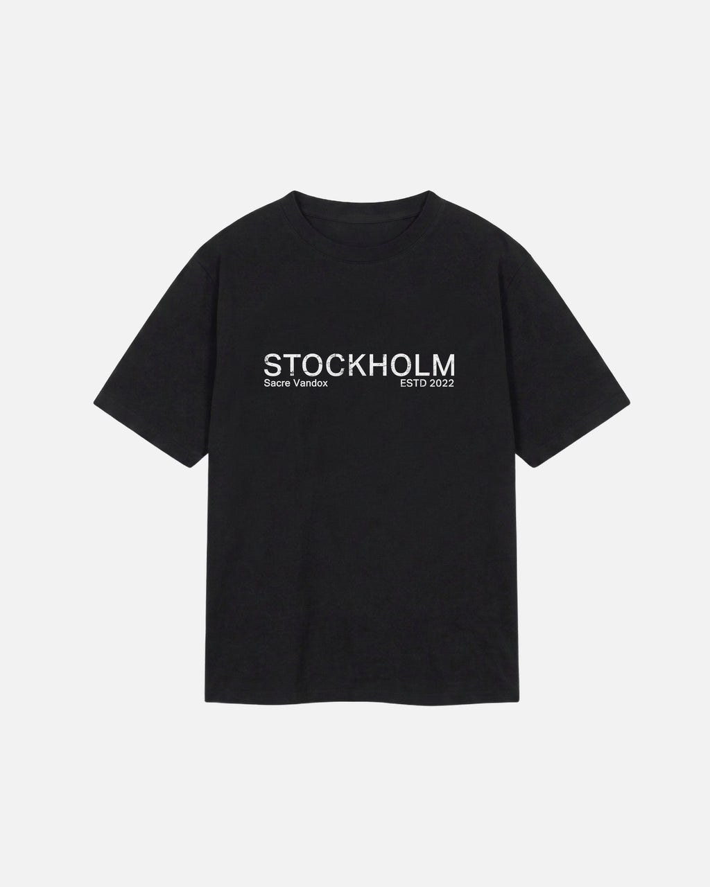 Front view of Dark Black  Vandox Stockholm t-shirt with distressed STOCKHOLM Sacre Vandox ESTD 2022 front graphic print. Starboy old money shirt tshirt clothes vandox sacrevandox vandox clothes vandox clothing