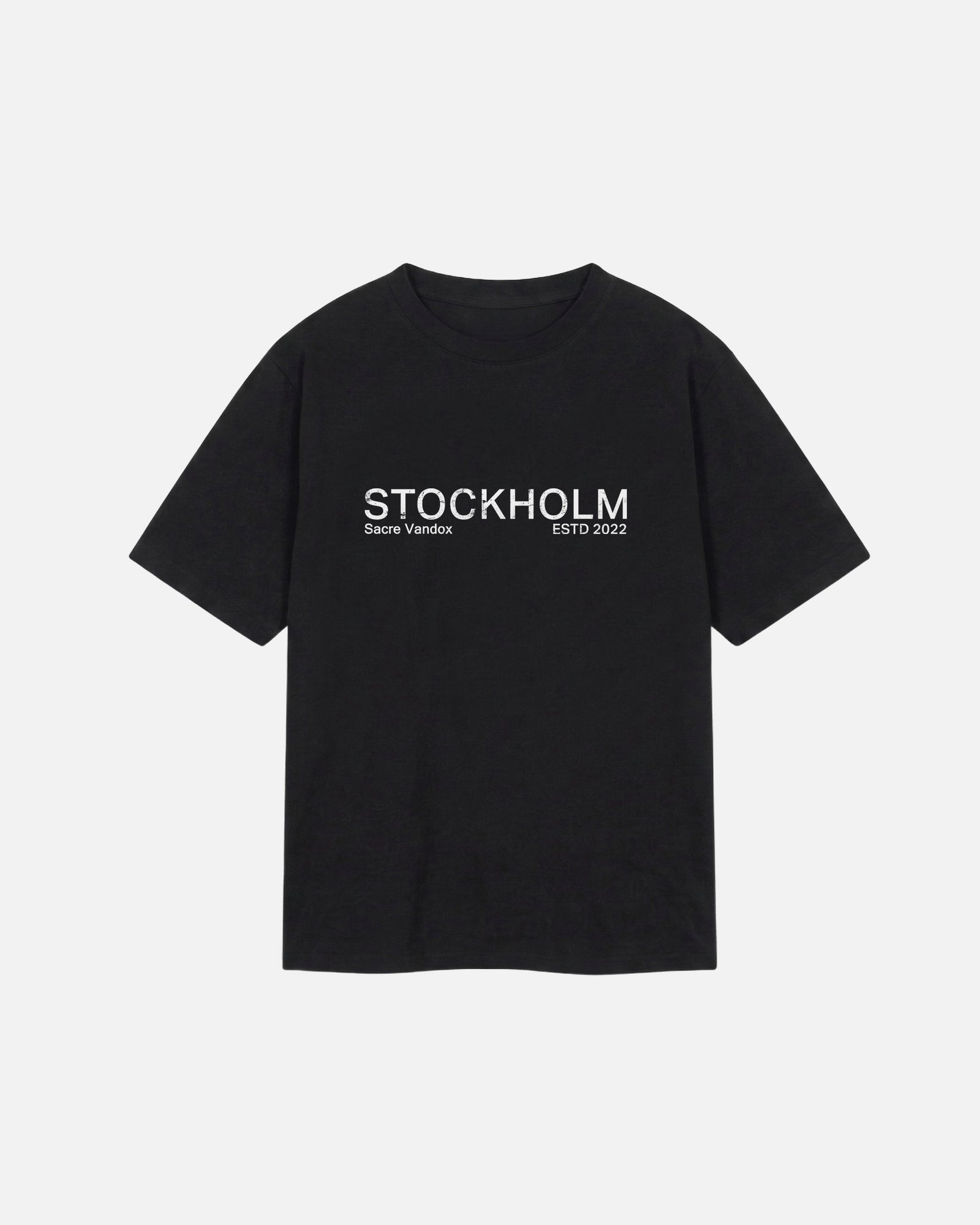 Front view of Dark Black  Vandox Stockholm t-shirt with distressed STOCKHOLM Sacre Vandox ESTD 2022 front graphic print. Starboy old money shirt tshirt clothes vandox sacrevandox vandox clothes vandox clothing