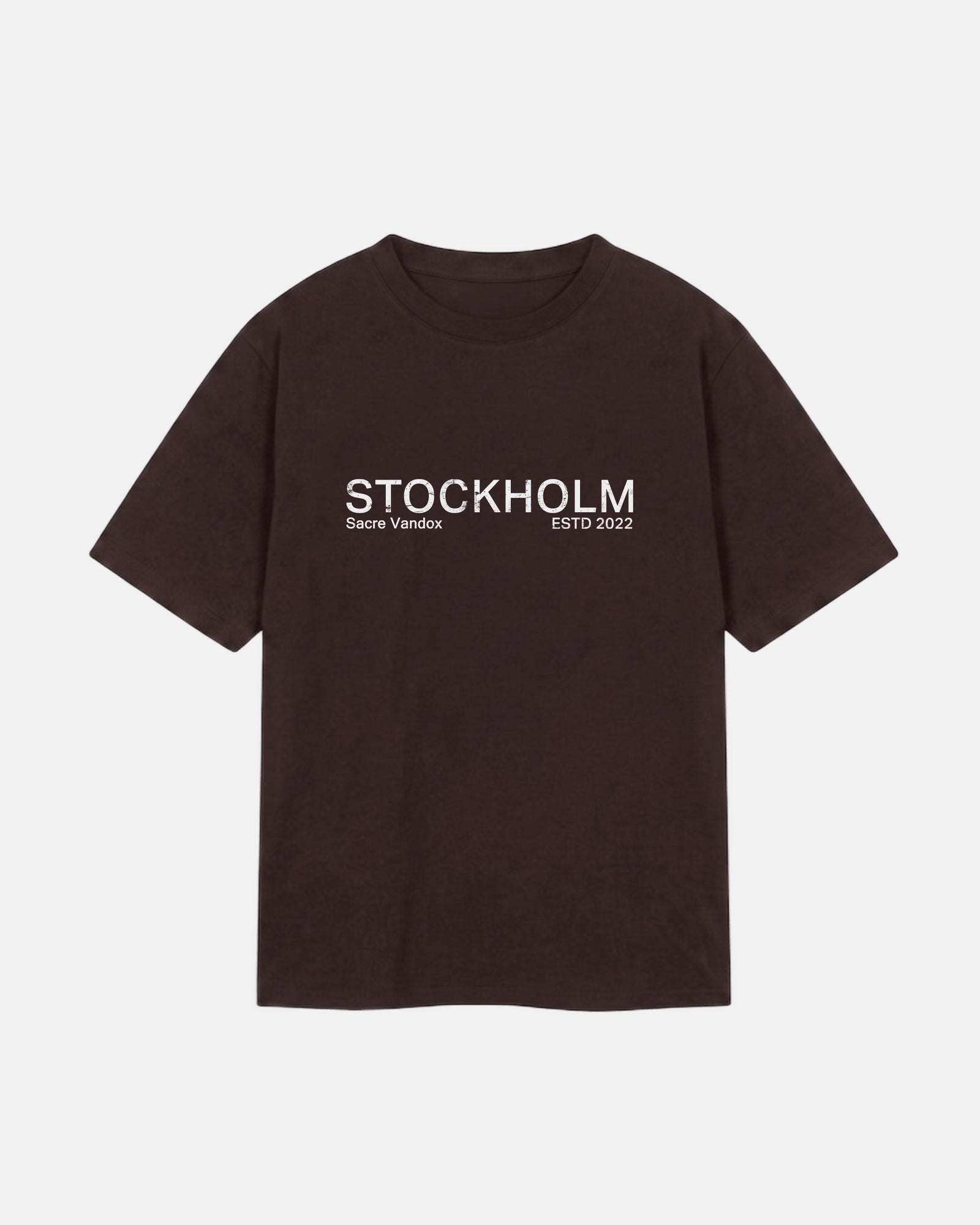 Front View of Dark Chocolate Vandox Stockholm  t-shirt with distressed STOCKHOLM Sacre Vandox ESTD 2022 front graphic print. Starboy old money shirt tshirt clothes vandox sacrevandox vandox clothes vandox clothing