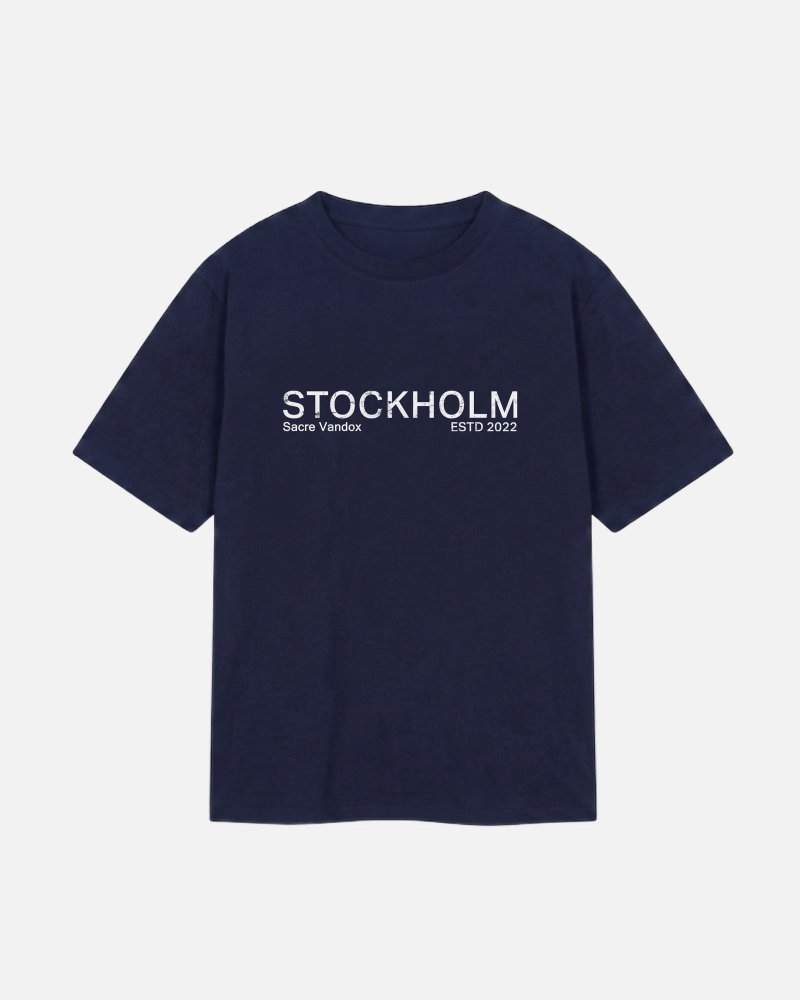Front view of Navy blue Vandox Stockholm t-shirt with distressed STOCKHOLM Sacre Vandox ESTD 2022 front graphic print. Starboy old money shirt tshirt clothes vandox sacrevandox vandox clothes vandox clothing