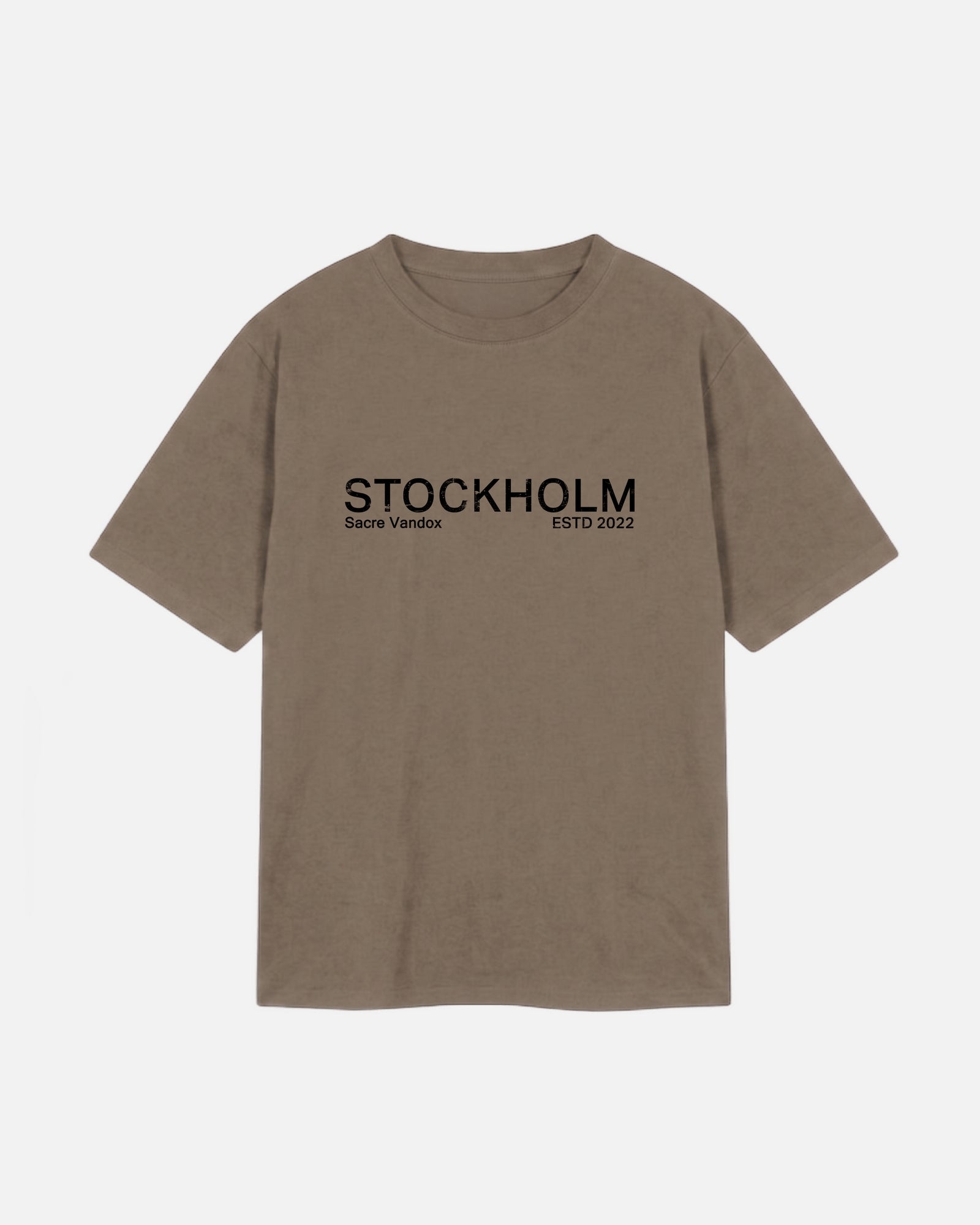 Front view of Prairie Dust Vandox Stockholm t-shirt with distressed STOCKHOLM Sacre Vandox ESTD 2022 front graphic print. Starboy old money shirt tshirt clothes vandox sacrevandox vandox clothes vandox clothing