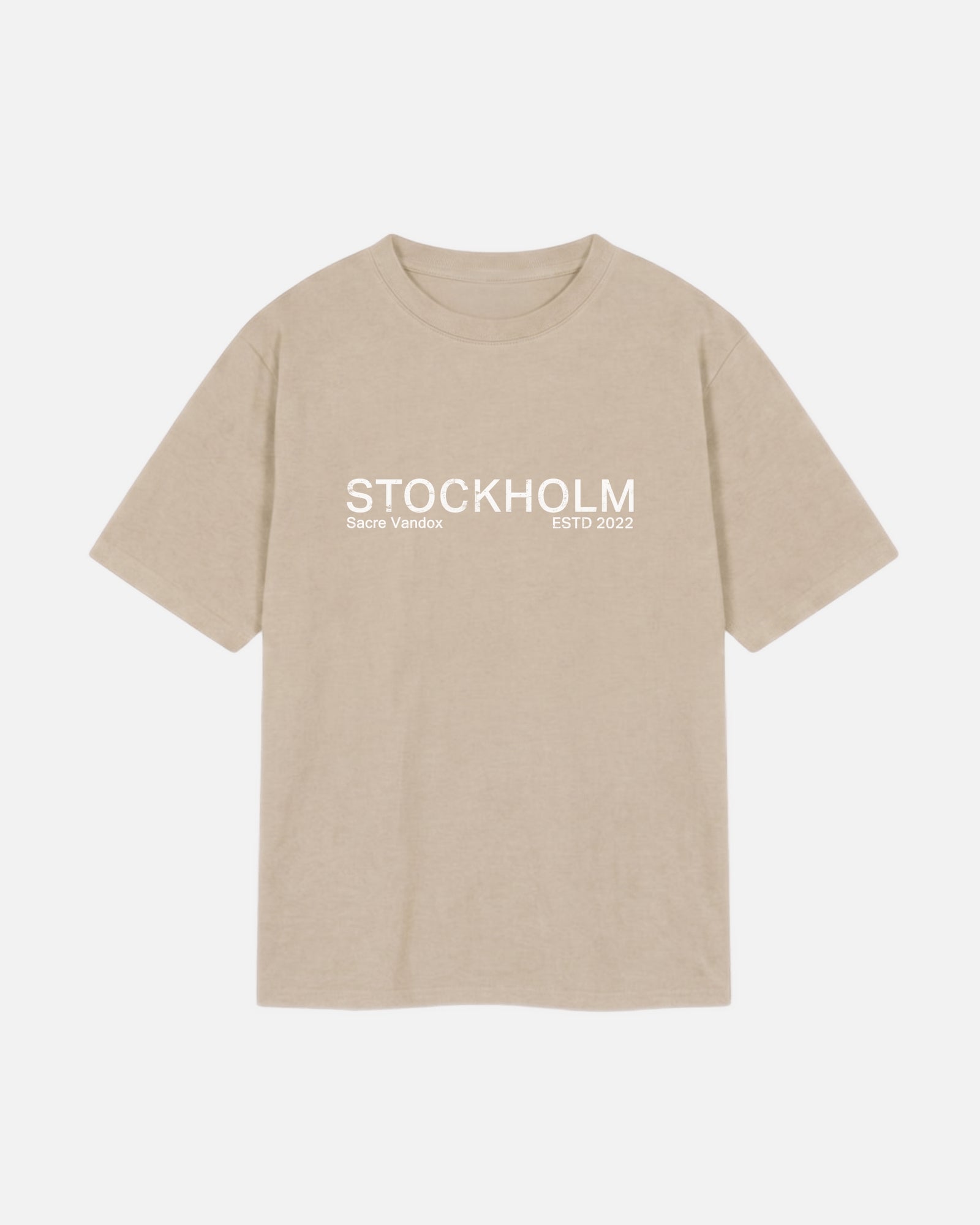 Front view of Sand Vandox Stockholm t-shirt with distressed STOCKHOLM Sacre Vandox ESTD 2022 front graphic print. Starboy old money shirt tshirt clothes vandox sacrevandox vandox clothes vandox clothing