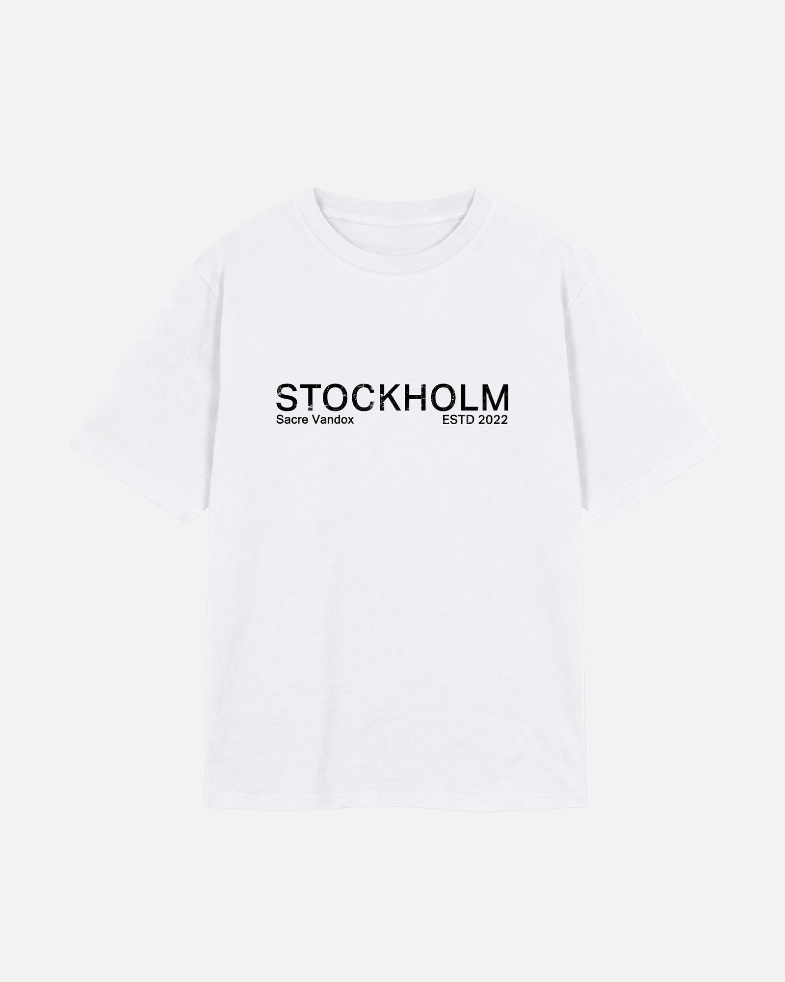 Front view of eggshell White Vandox Stockholm t-shirt with distressed STOCKHOLM Sacre Vandox ESTD 2022 front graphic print. Starboy old money shirt tshirt clothes vandox sacrevandox vandox clothes vandox clothing