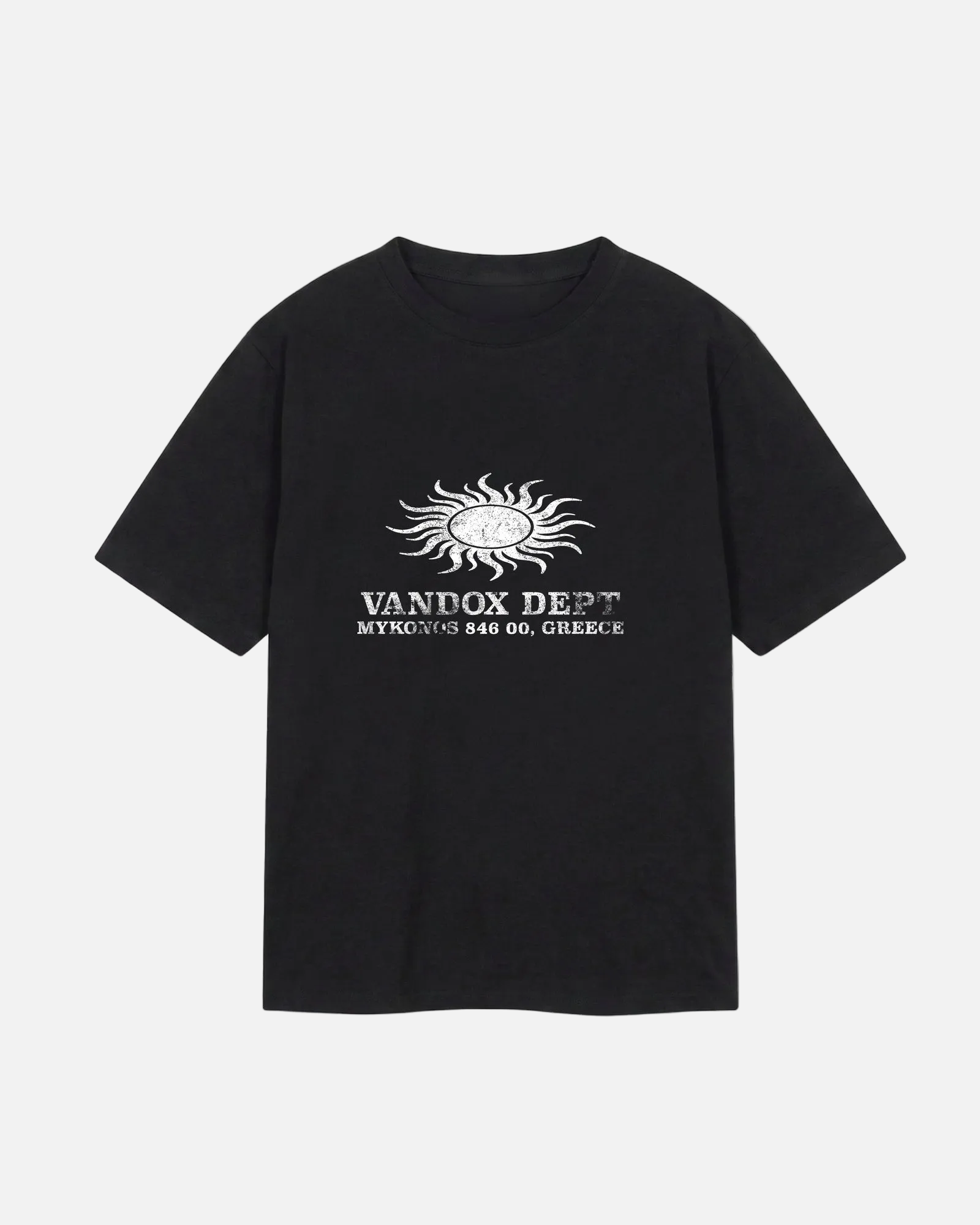 Front view of black Vandox Sun Dept oversized cotton t-shirt with white distressed sun symbol and VANDOX DEPT MYKONOS 846 00 GREECE front graphic print. Old money summer aesthetic, quiet luxury european streetwear, mediterranean riviera style, mykonos beach club vibe. Starboy old money cotton shirt tshirt clothes vandox dept vandox sun dept vandox summer vandox clothes vandox clothing. Black