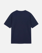Back view of navy Vandox Sun Dept cotton t-shirt, plain back. Old money summer aesthetic, quiet luxury streetwear, mediterranean vibe. Cotton shirt tshirt clothes vandox dept vandox sun dept vandox clothes vandox clothing. Navy