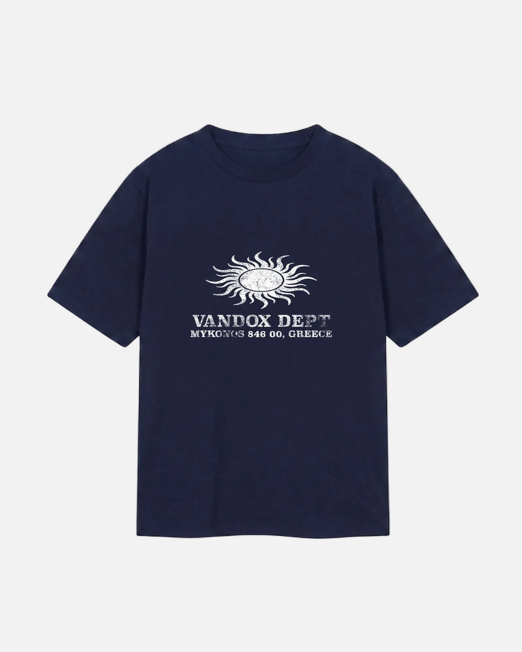 Front view of navy Vandox Sun Dept oversized cotton t-shirt with white distressed sun symbol and VANDOX DEPT MYKONOS 846 00 GREECE front graphic print. Old money summer aesthetic, quiet luxury european streetwear, mediterranean riviera style, mykonos beach club vibe. Starboy old money cotton shirt tshirt clothes vandox dept vandox sun dept vandox summer vandox clothes vandox clothing. Navy 