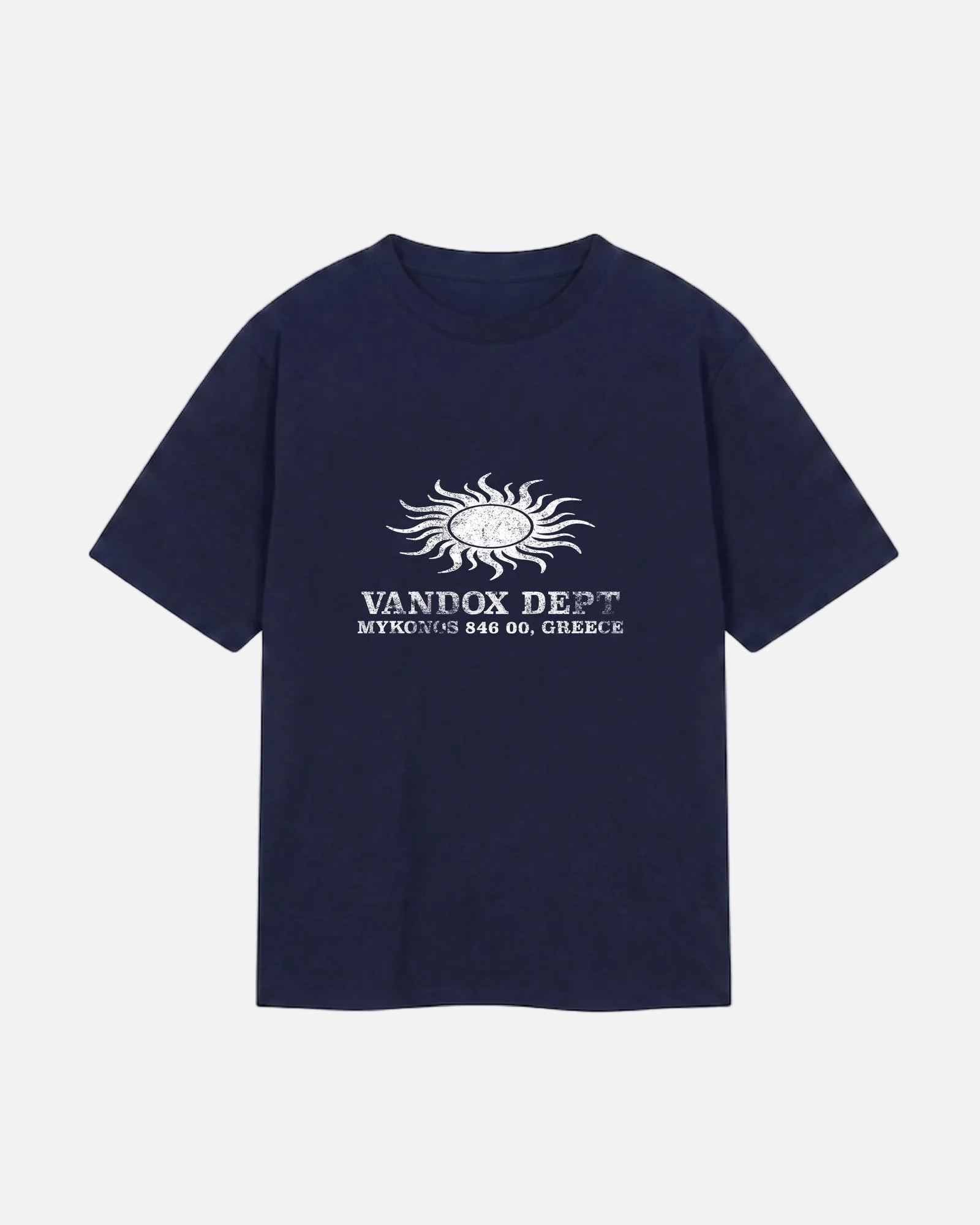 Front view of navy Vandox Sun Dept oversized cotton t-shirt with white distressed sun symbol and VANDOX DEPT MYKONOS 846 00 GREECE front graphic print. Old money summer aesthetic, quiet luxury european streetwear, mediterranean riviera style, mykonos beach club vibe. Starboy old money cotton shirt tshirt clothes vandox dept vandox sun dept vandox summer vandox clothes vandox clothing. Navy 