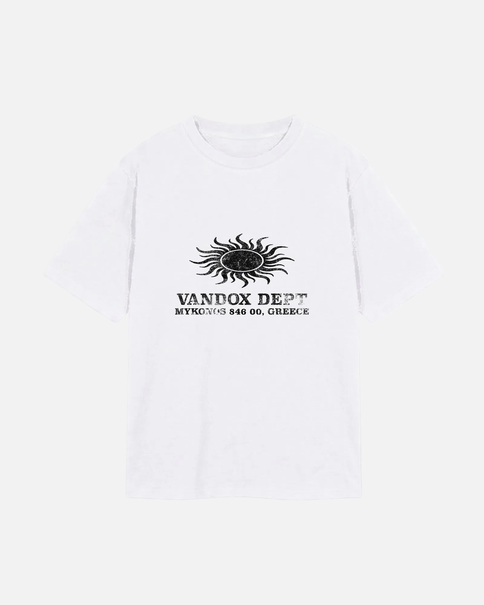 Front view of white Vandox Sun Dept oversized cotton t-shirt with distressed sun symbol and VANDOX DEPT MYKONOS 846 00 GREECE front graphic print. Old money summer aesthetic, quiet luxury european streetwear, mediterranean riviera style, mykonos beach club vibe. Starboy old money cotton shirt tshirt clothes vandox dept vandox sun dept vandox summer vandox clothes vandox clothing. White color 