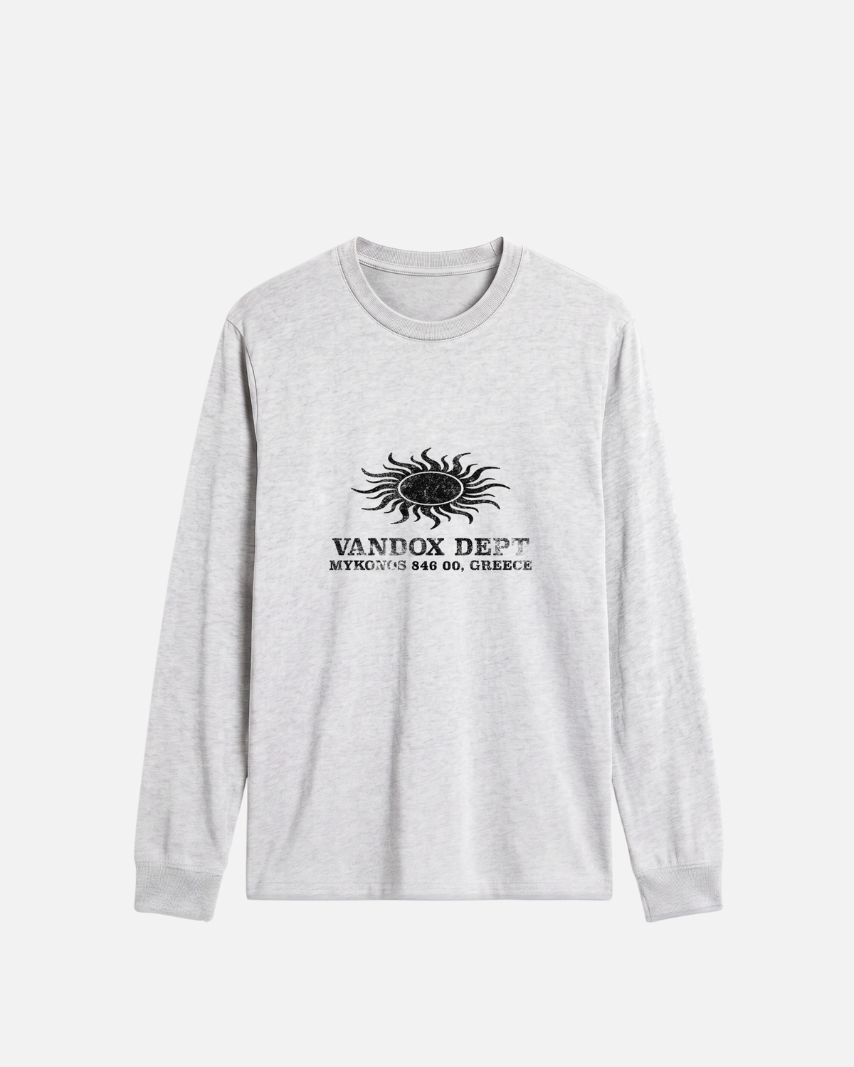 Ash sport grey heather gray Vandox Sun Dept long sleeve longsleeve t-shirt with distressed sun graphic and Vandox Dept Mykonos 846 00 Greece text. Starboy old money hoodie sweatshirt t-shirt long sleeve longsleeve clothes vandox sacrevandox vandox clothes vandox clothing