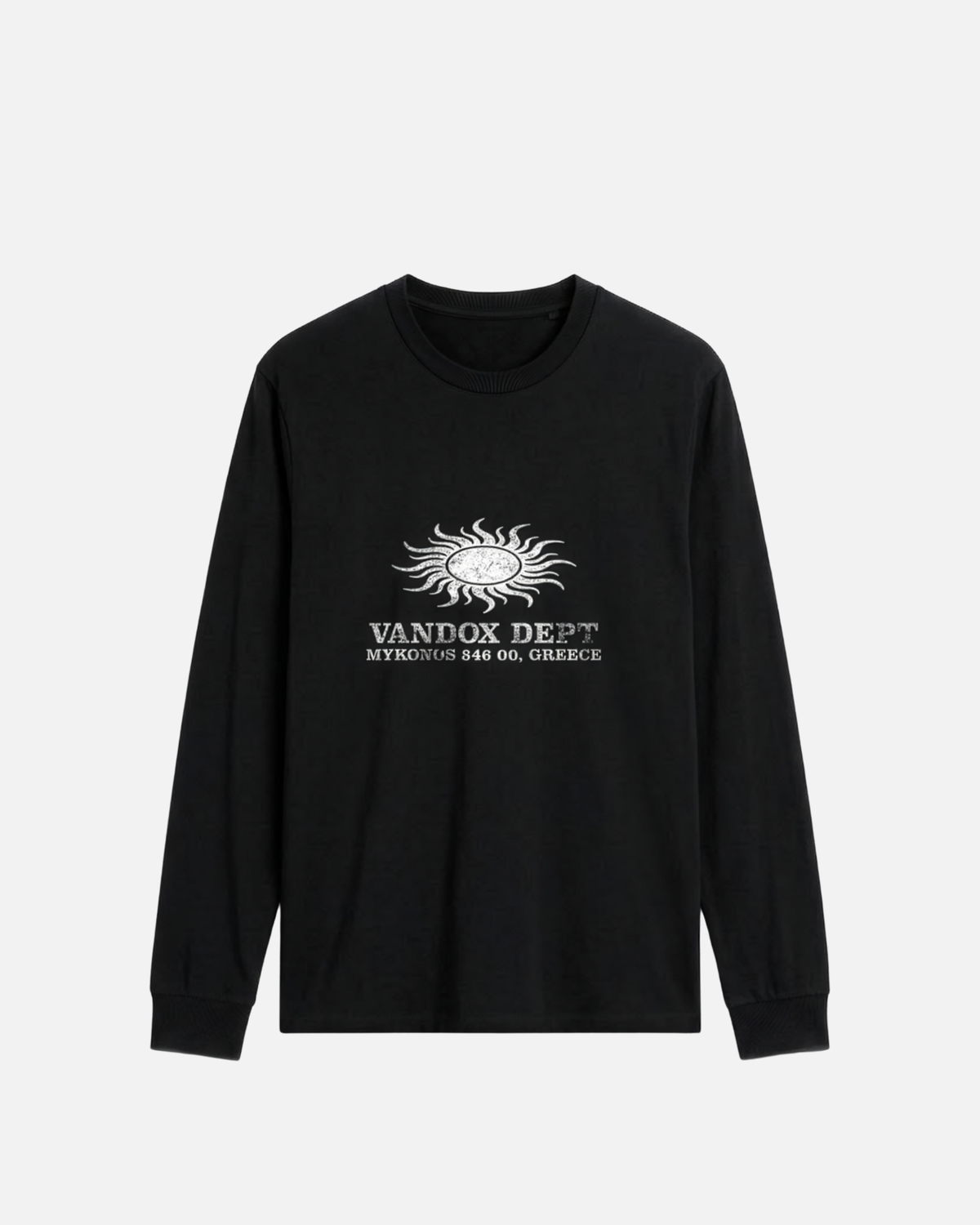 Black Vandox Sun Dept long sleeve longsleeve t-shirt with distressed sun graphic and Vandox Dept Mykonos 846 00 Greece text. Starboy old money hoodie sweatshirt t-shirt long sleeve longsleeve clothes vandox sacrevandox vandox clothes vandox clothing