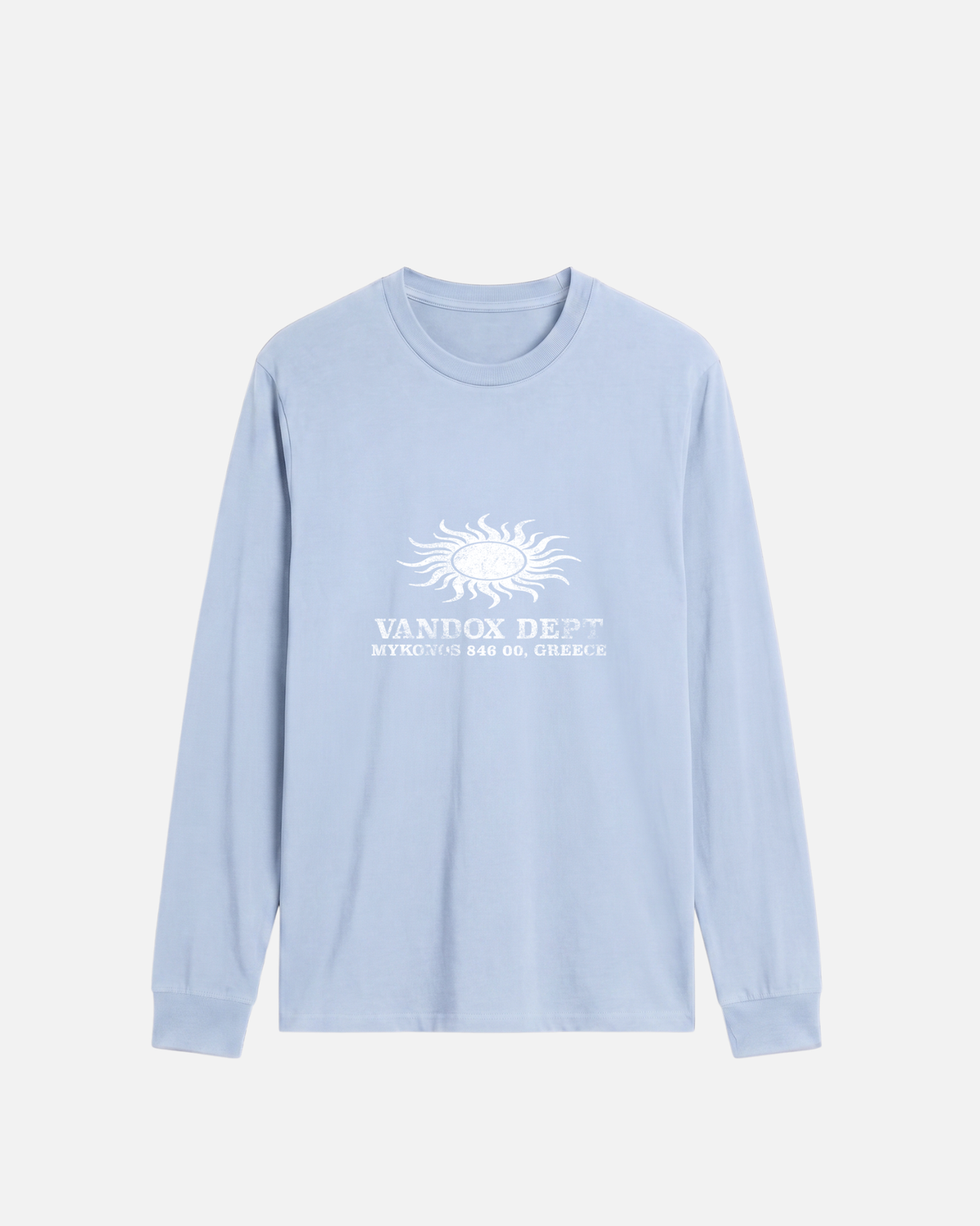 Light Blue Vandox Sun Dept long sleeve longsleeve t-shirt with distressed sun graphic and Vandox Dept Mykonos 846 00 Greece text. Starboy old money hoodie sweatshirt t-shirt long sleeve longsleeve clothes vandox sacrevandox vandox clothes vandox clothing