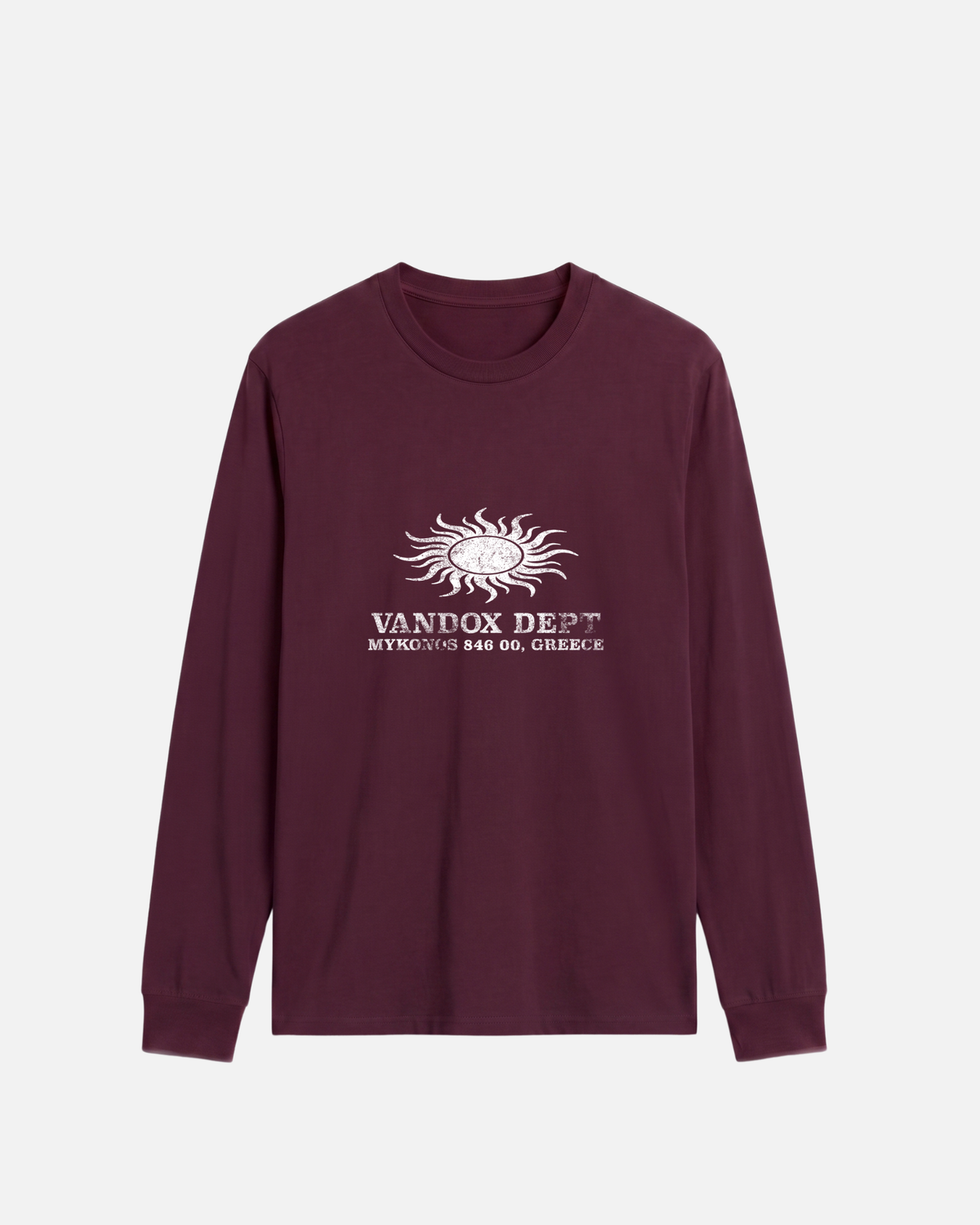 Maroon Dark red Vandox Sun Dept long sleeve longsleeve t-shirt with distressed sun graphic and Vandox Dept Mykonos 846 00 Greece text. Starboy old money hoodie sweatshirt t-shirt long sleeve longsleeve clothes vandox sacrevandox vandox clothes vandox clothing