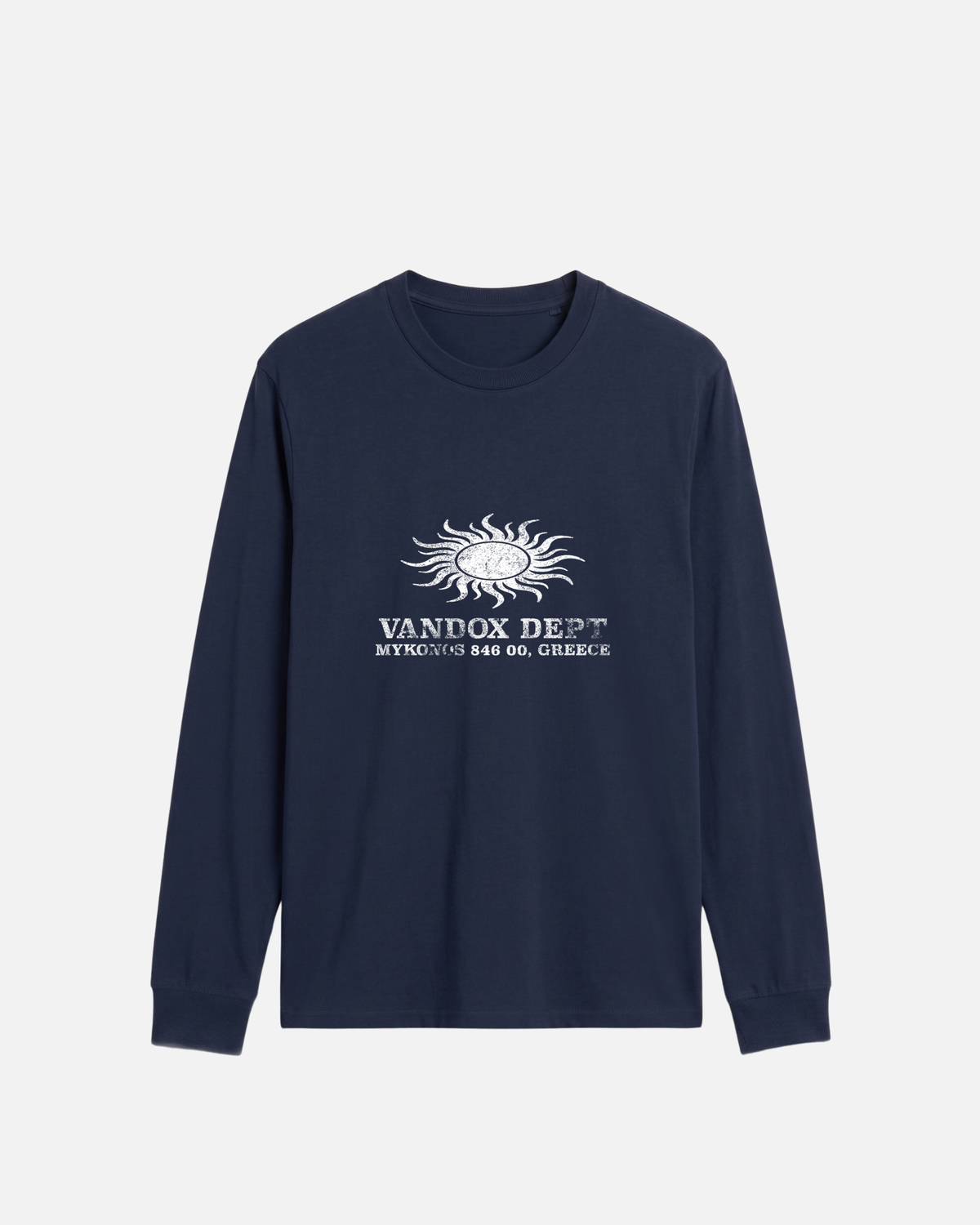 Navy dark blue Vandox Sun Dept long sleeve longsleeve t-shirt with distressed sun graphic and Vandox Dept Mykonos 846 00 Greece text. Starboy old money hoodie sweatshirt t-shirt long sleeve longsleeve clothes vandox sacrevandox vandox clothes vandox clothing