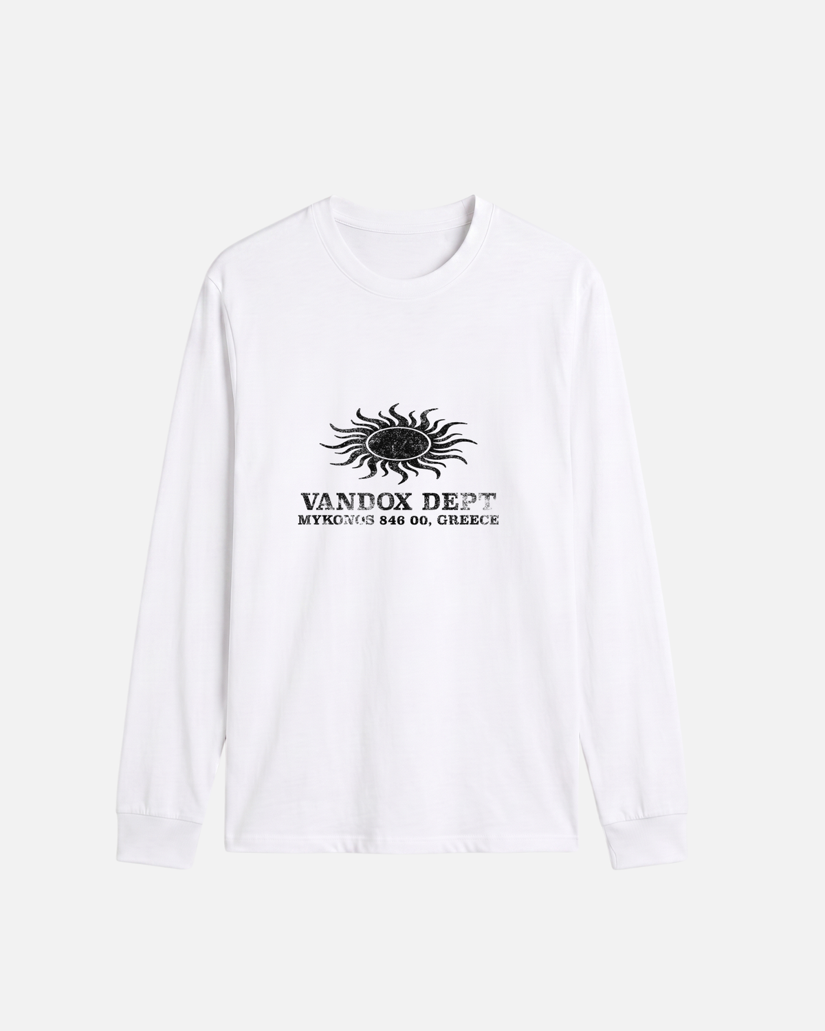 White eggshell white offwhite Vandox Sun Dept long sleeve longsleeve t-shirt with distressed sun graphic and Vandox Dept Mykonos 846 00 Greece text. Starboy old money hoodie sweatshirt t-shirt long sleeve longsleeve clothes vandox sacrevandox vandox clothes vandox clothing