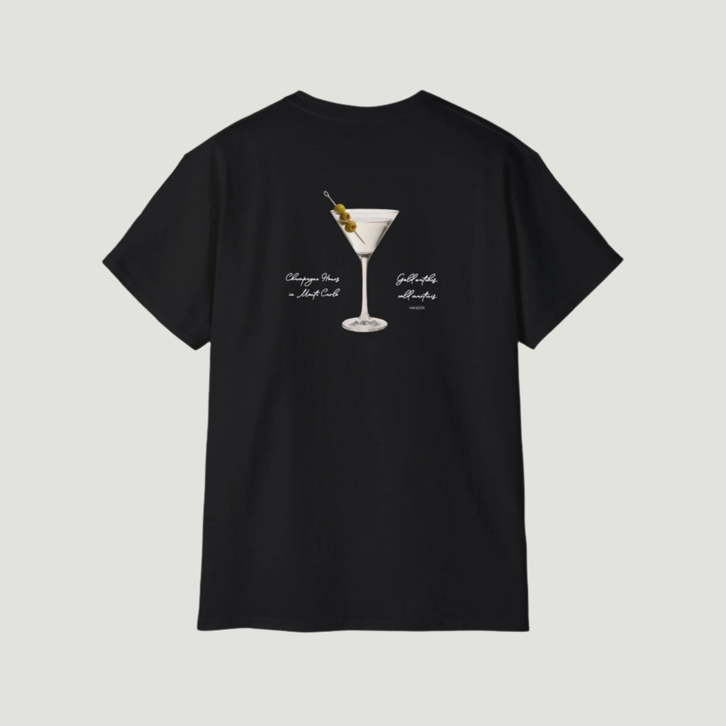 Back View of Deep Black Vandox Vesper Society T-Shirt featuring a martini glass with handwritten-style text – luxury-inspired starboy aesthetic design by Vandox. Starboy old money shirt tshirt clothes vandox sacrevandox vandox clothes vandox clothing
