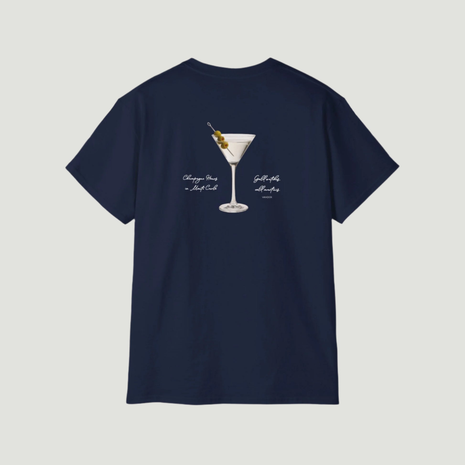 Back View of Deep Blue Navy Vandox Vesper Society T-Shirt featuring a martini glass with handwritten-style text – luxury-inspired starboy aesthetic design by Vandox. Starboy old money shirt tshirt clothes vandox sacrevandox vandox clothes vandox clothing