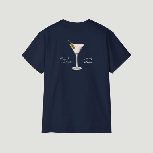 Back View of Deep Blue Navy Vandox Vesper Society T-Shirt featuring a martini glass with handwritten-style text – luxury-inspired starboy aesthetic design by Vandox. Starboy old money shirt tshirt clothes vandox sacrevandox vandox clothes vandox clothing