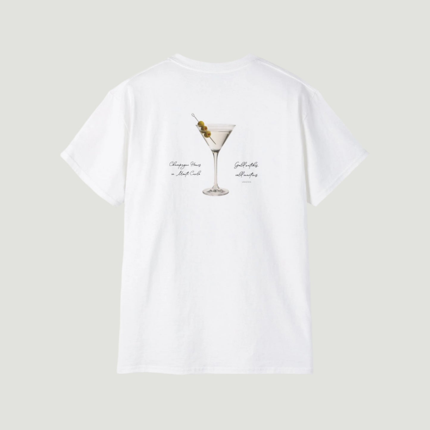 Back View of Eggshell White Vandox Vesper Society T-Shirt featuring a martini glass with handwritten-style text – luxury-inspired starboy aesthetic design by Vandox. Starboy old money shirt tshirt clothes vandox sacrevandox vandox clothes vandox clothing