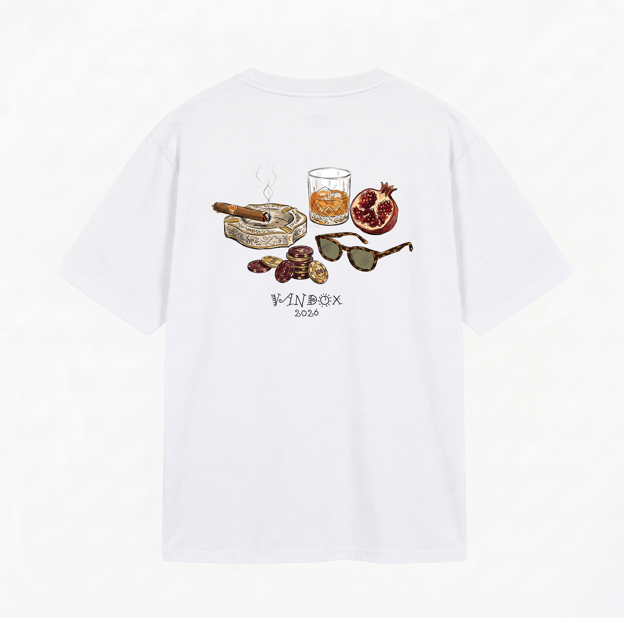 Back view of white oversized Vandox Vices t-shirt with illustrated cigar whisky poker chips sunglasses and pomegranate graphic and Vandox 2026 text. Cotton shirt tshirt clothes vandox riviera vandox 2026 vandox clothes vandox clothing
