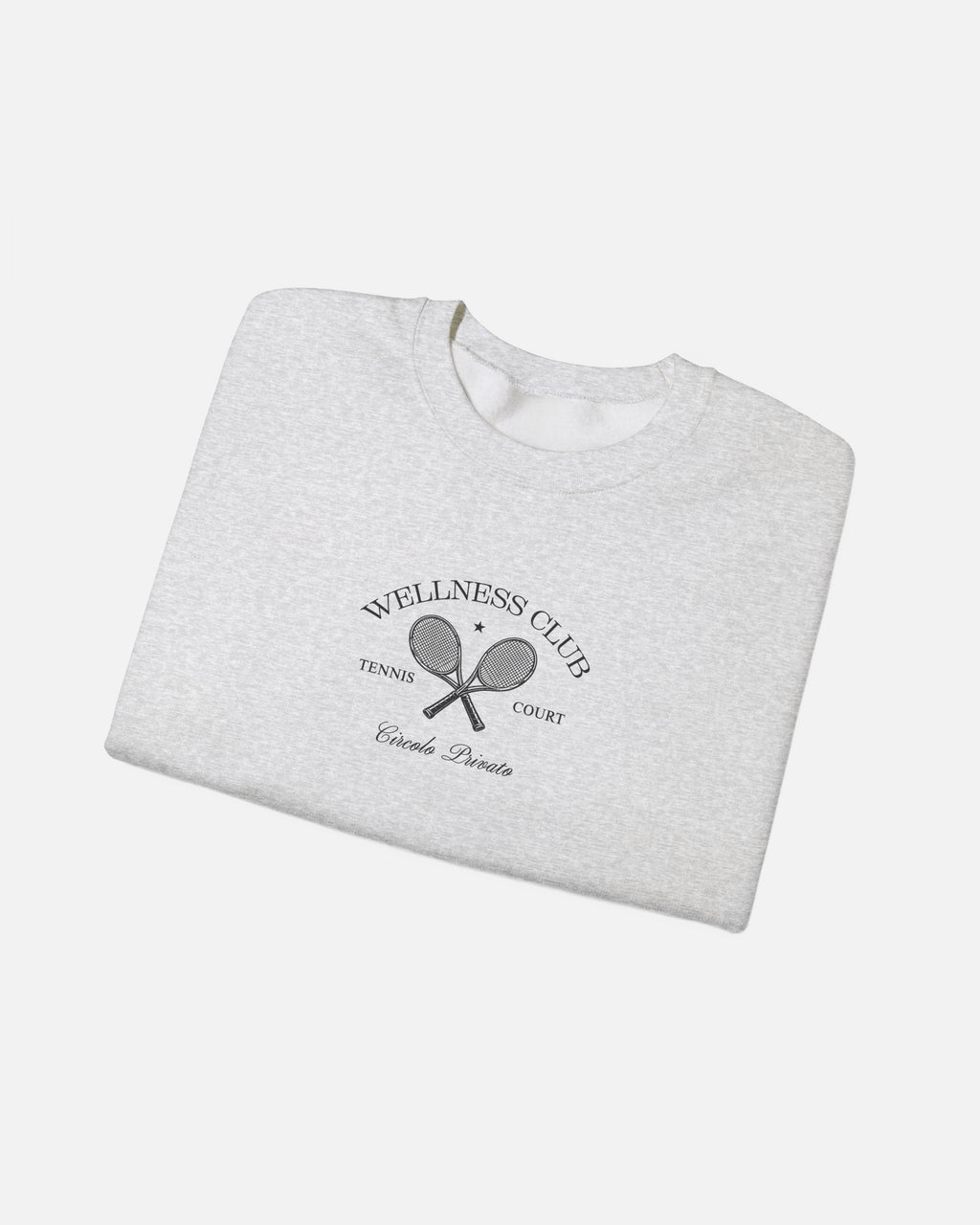 Vandox Wellness Club Ash crewneck sweatshirt with embroidered Wellness Club tennis court graphic and Circolo Privato text - Folded View.
Starboy old money hoodie sweatshirt clothes vandox sacrevandox vandox clothes vandox clothing crewneck