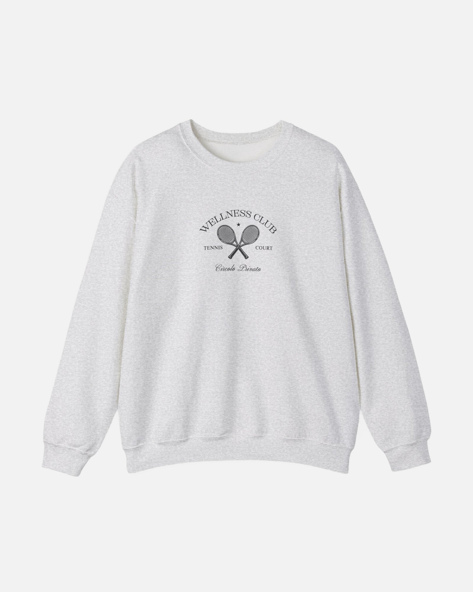 Vandox Wellness Club Ash crewneck sweatshirt with embroidered Wellness Club tennis court graphic and Circolo Privato text - Front View.
Starboy old money hoodie sweatshirt clothes vandox sacrevandox vandox clothes vandox clothing crewneck