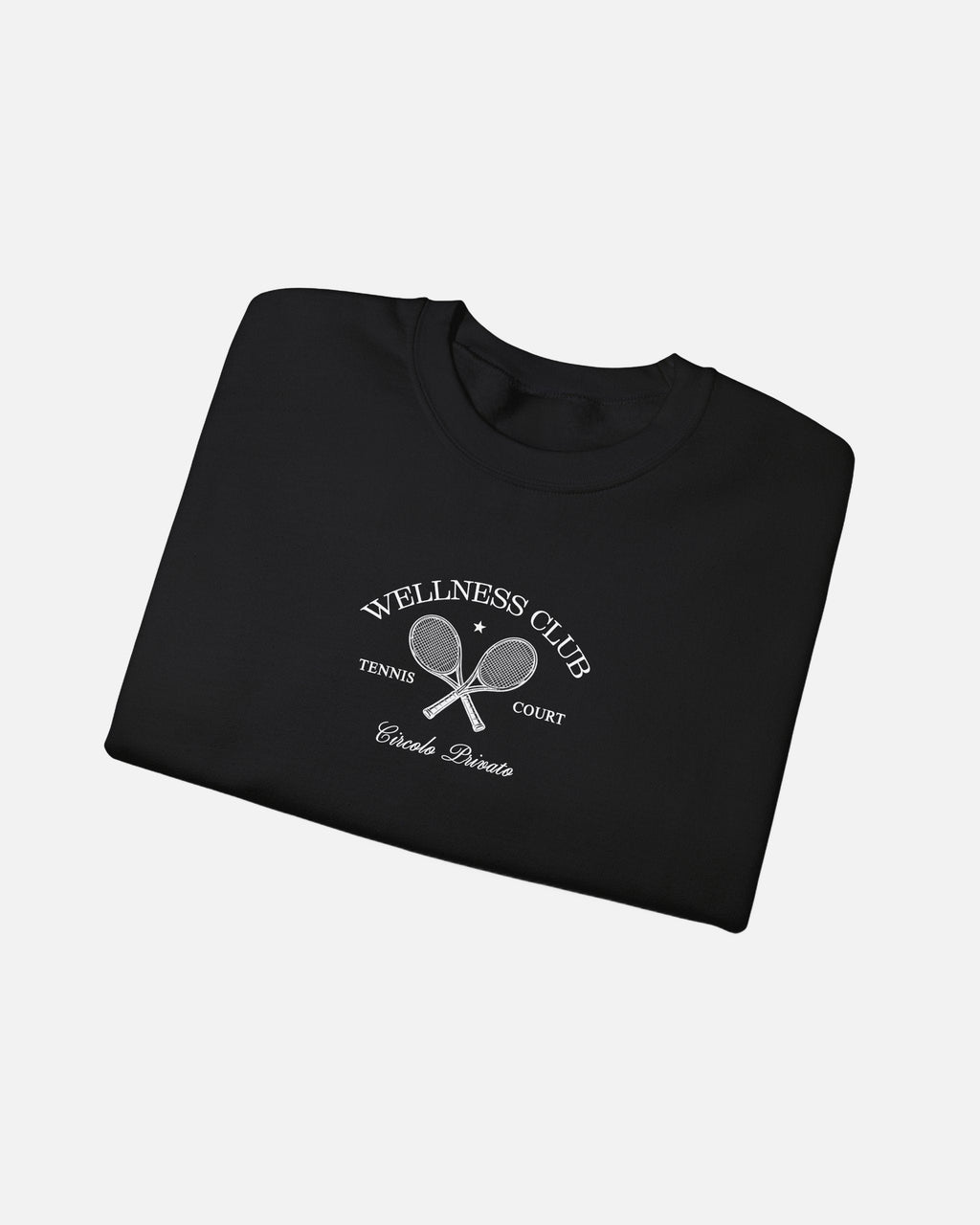 Vandox Wellness Club Black crewneck sweatshirt with embroidered Wellness Club tennis court graphic and Circolo Privato text - Folded View.
Starboy old money hoodie sweatshirt clothes vandox sacrevandox vandox clothes vandox clothing crewneck