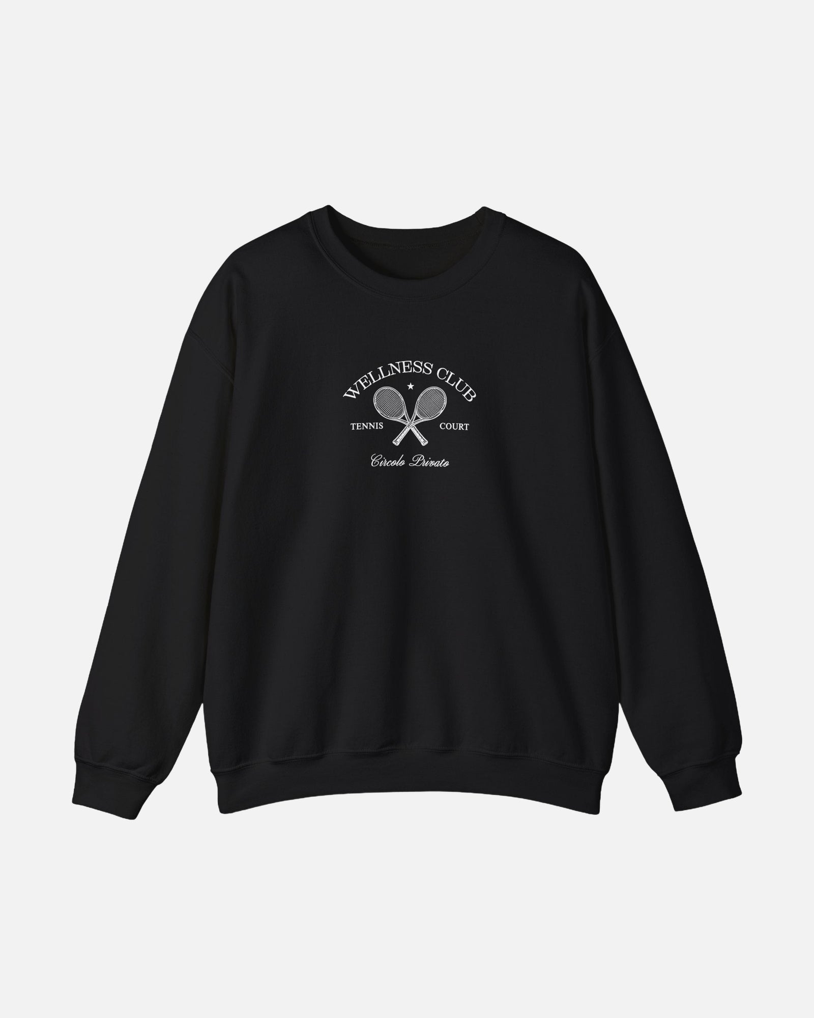 Vandox Wellness Club Black crewneck sweatshirt with embroidered Wellness Club tennis court graphic and Circolo Privato text - Front View.
Starboy old money hoodie sweatshirt clothes vandox sacrevandox vandox clothes vandox clothing crewneck