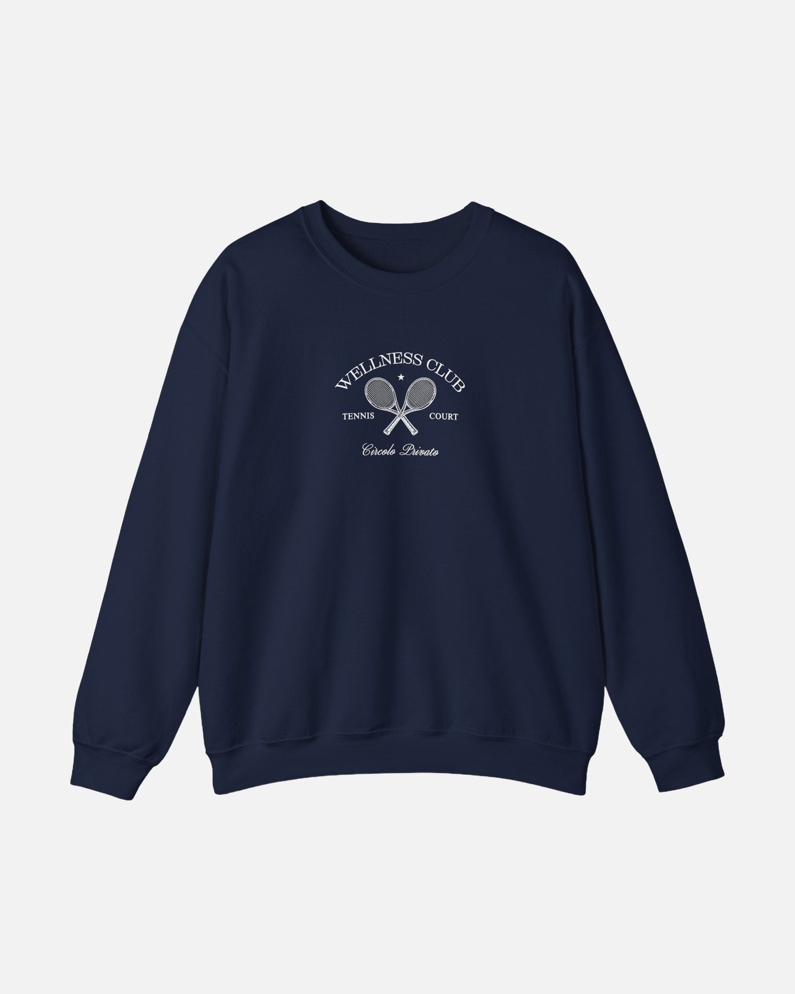 Vandox Wellness Club Navy crewneck sweatshirt with embroidered Wellness Club tennis court graphic and Circolo Privato text - Front View.
Starboy old money hoodie sweatshirt clothes vandox sacrevandox vandox clothes vandox clothing crewneck