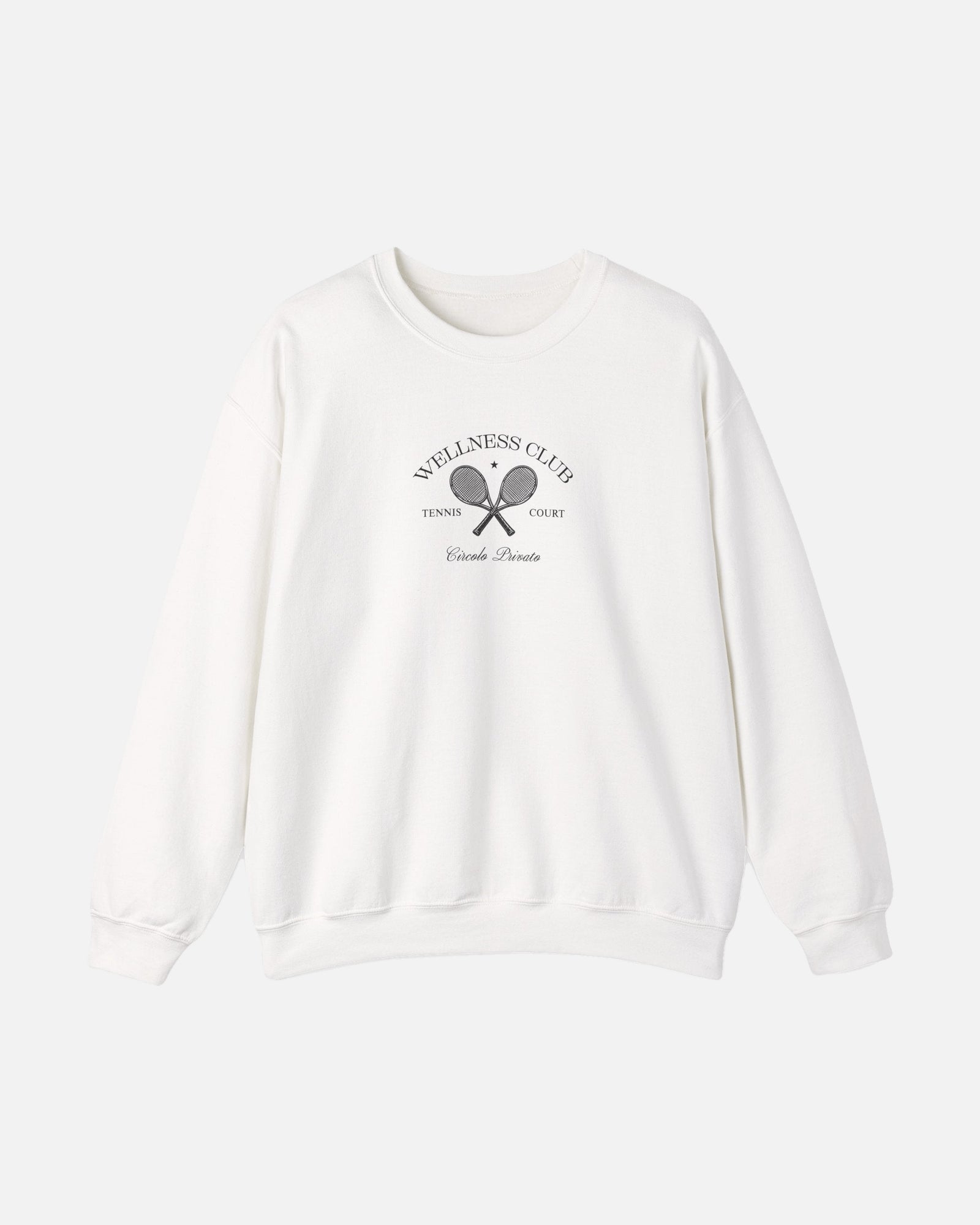 Vandox Wellness Club White crewneck sweatshirt with embroidered Wellness Club tennis court graphic and Circolo Privato text - Front View.
Starboy old money hoodie sweatshirt clothes vandox sacrevandox vandox clothes vandox clothing crewneck