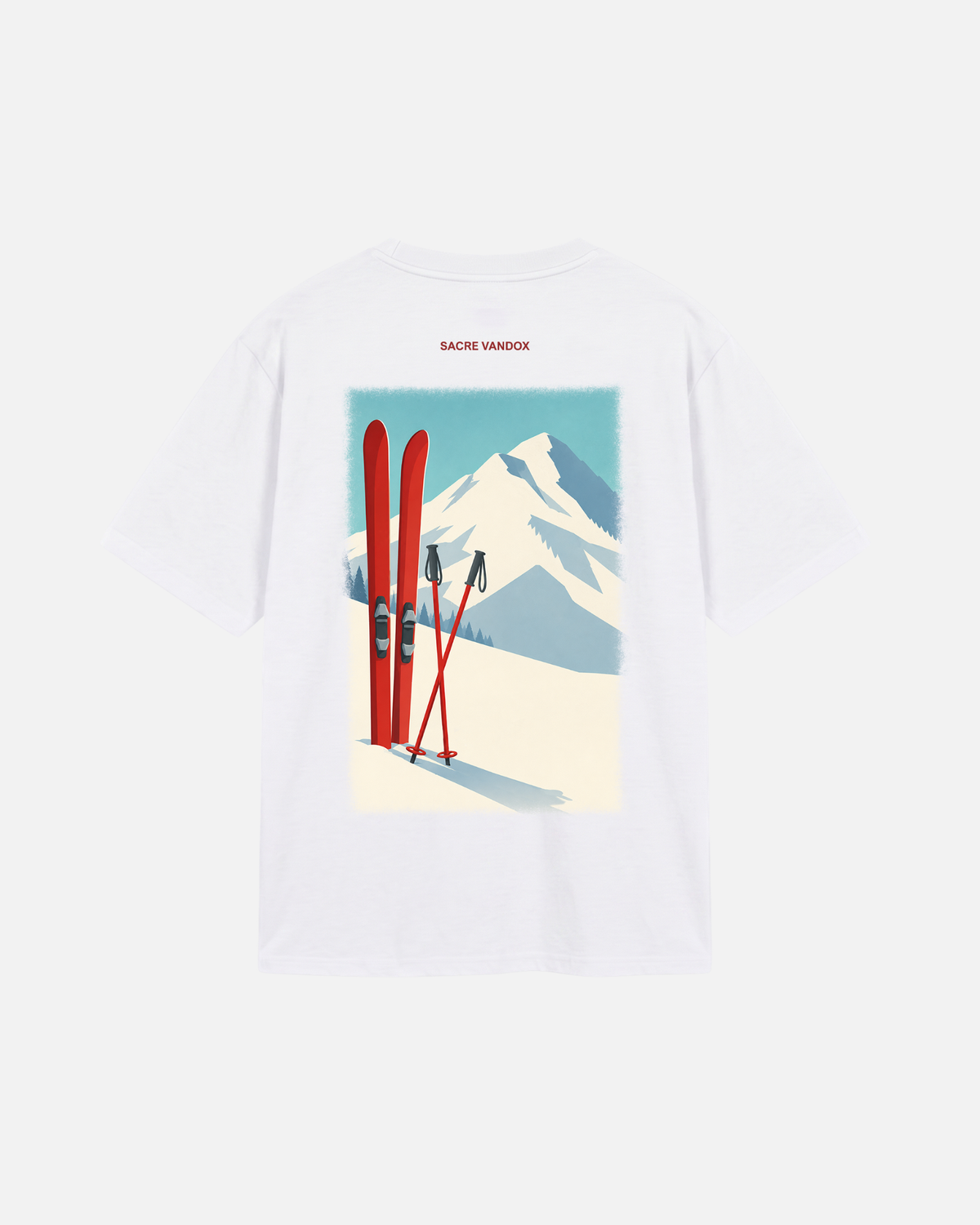White Vandox Red Skis Poster T-Shirt back view with minimalist illustrated red skis and poles in snow with alpine mountain and pastel blue sky. Starboy old money shirt tshirt clothes vandox sacrevandox vandox clothes vandox clothing