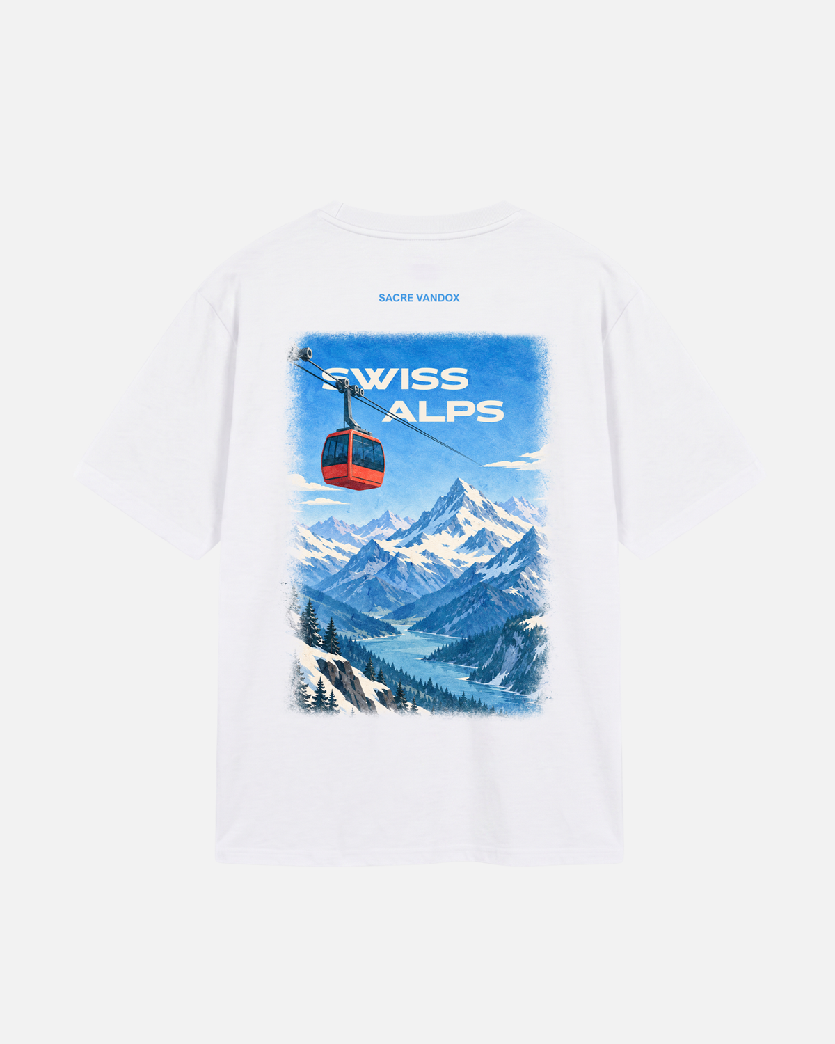 White Vandox Swiss Alps Poster t-shirt back view with vintage Swiss Alps poster style gondola scene featuring red cable car mountain peaks and alpine valley. Starboy old money shirt tshirt clothes vandox sacrevandox vandox clothes vandox clothing