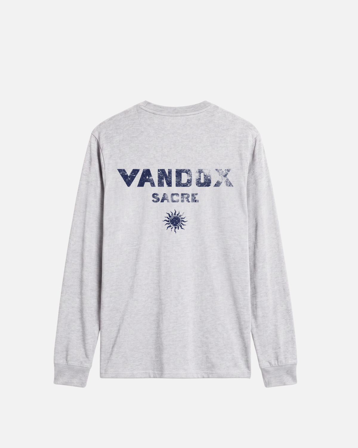 Ash grey vandox last light long sleeve t-shirt back view with distressed Vandox Sacre text and sun emblem graphic. Old money summer clothes, quiet luxury european streetwear, minimalist coastal style. Starboy old money cotton long sleeve shirt clothes vandox sacre sacrevandox vandox clothes vandox clothing
