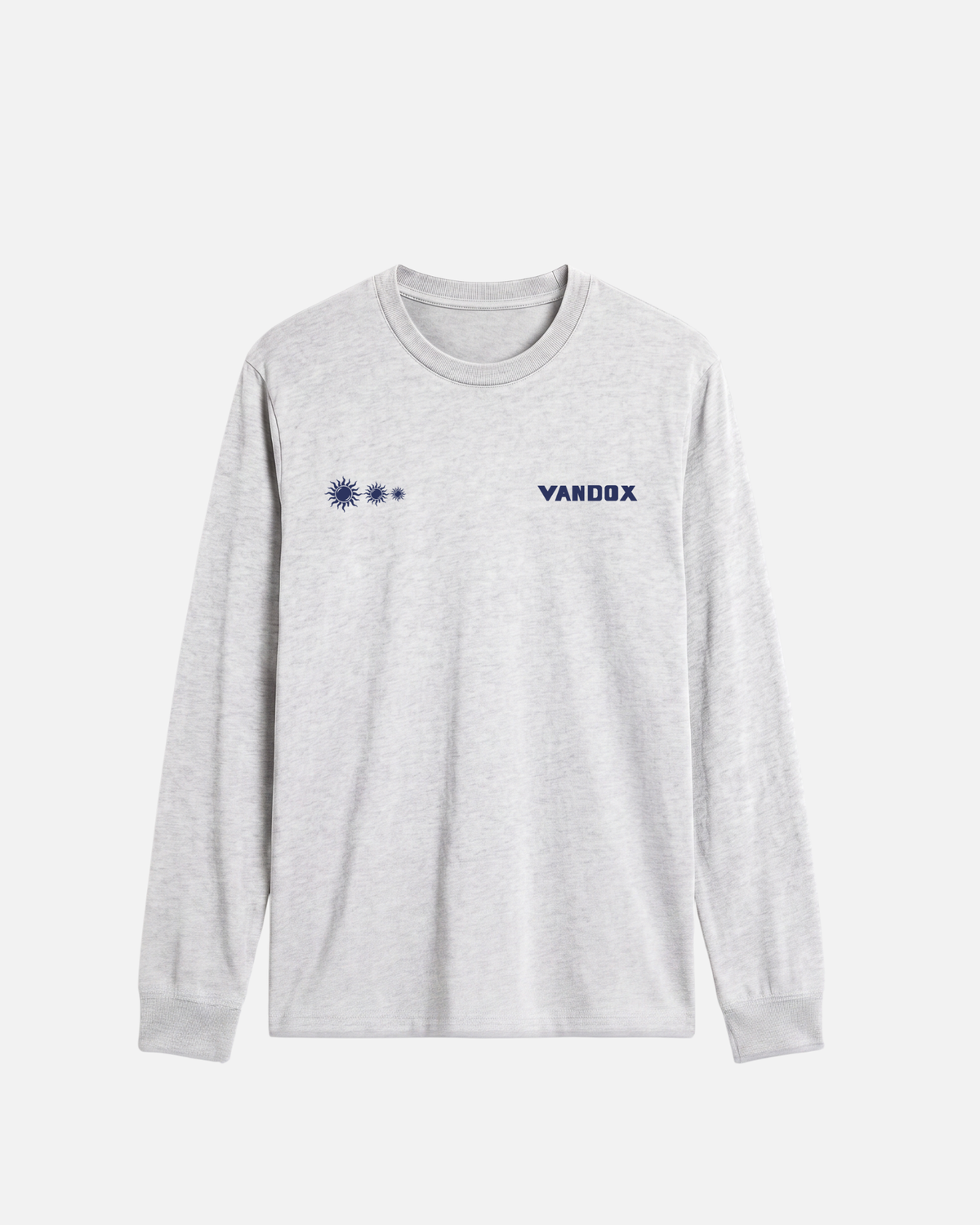 Ash grey vandox last light long sleeve t-shirt with three descending sun emblems and Vandox chest graphic. Old money summer clothes, quiet luxury european streetwear, minimalist coastal style. Starboy old money cotton long sleeve shirt clothes vandox sacre sacrevandox vandox clothes vandox clothing