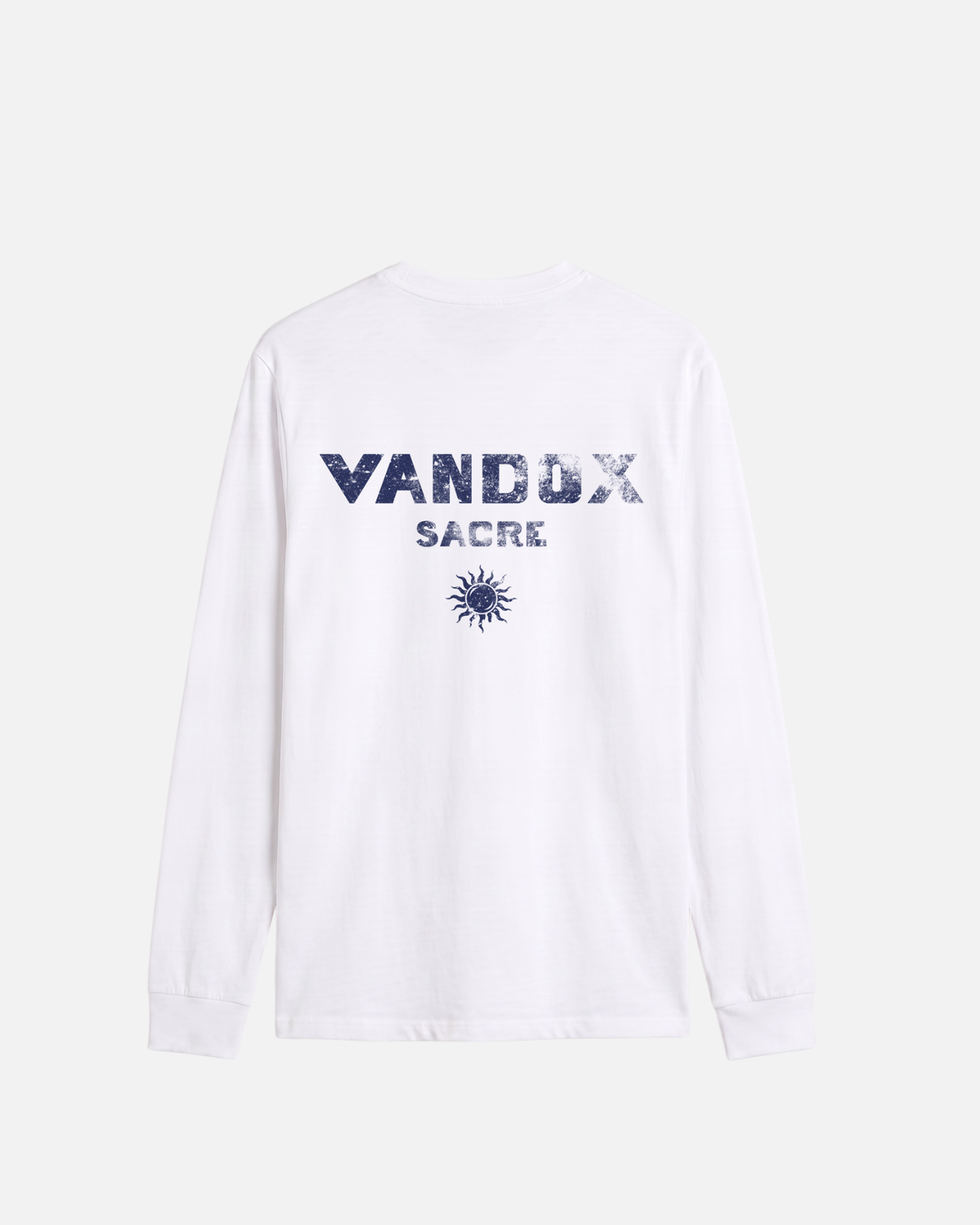 White vandox last light long sleeve t-shirt back view with distressed Vandox Sacre text and sun emblem graphic. Old money summer clothes, quiet luxury european streetwear, minimalist coastal style. Starboy old money cotton long sleeve shirt clothes vandox sacre sacrevandox vandox clothes vandox clothing