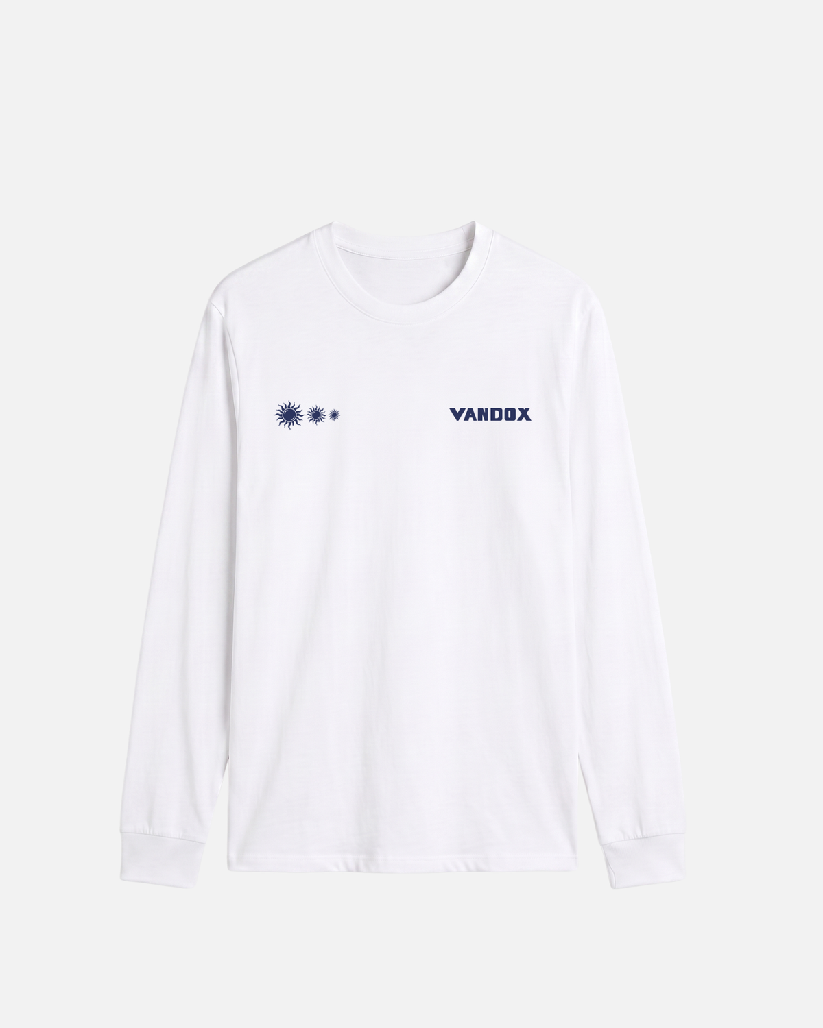 White vandox last light long sleeve t-shirt with three descending sun emblems and Vandox chest graphic. Old money summer clothes, quiet luxury european streetwear, minimalist coastal style. Starboy old money cotton long sleeve shirt clothes vandox sacre sacrevandox vandox clothes vandox clothing