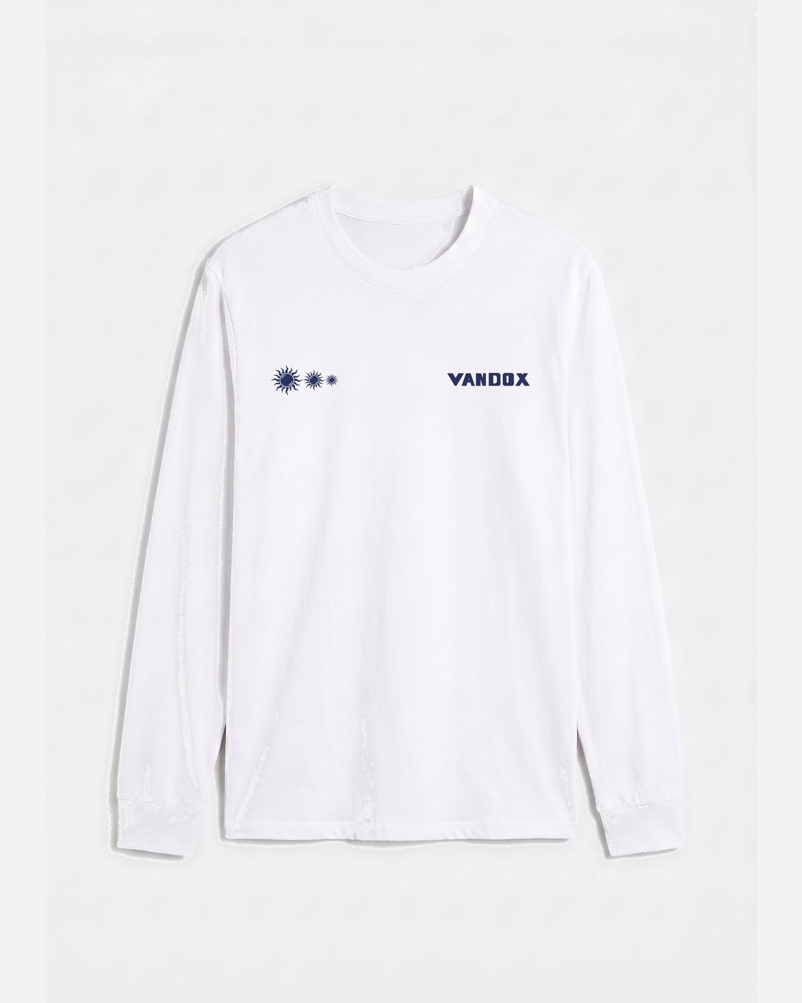White vandox last light long sleeve t-shirt with three descending sun emblems and Vandox chest graphic. Old money summer clothes, quiet luxury european streetwear, minimalist coastal style. Starboy old money cotton long sleeve shirt clothes vandox sacre sacrevandox vandox clothes vandox clothing