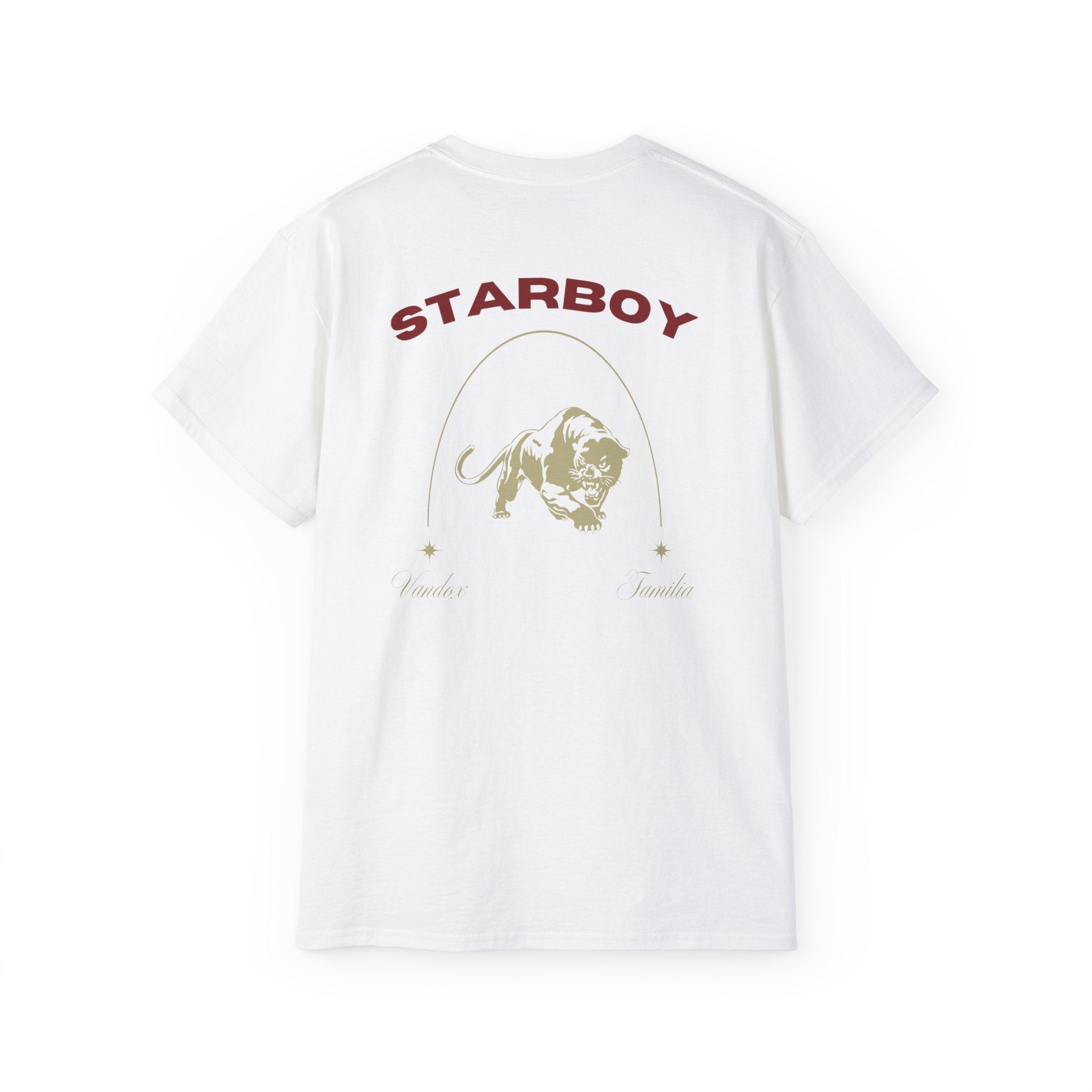 eggshell white Vandox T-Shirt with STARBOY on the back, golden lion surrounded by a majestic golden arch, and a small golden logo featuring a star, and text 'vandox familia starboy essential'. Starboy old money shirt tshirt clothes vandox sacrevandox vandox clothes vandox clothing