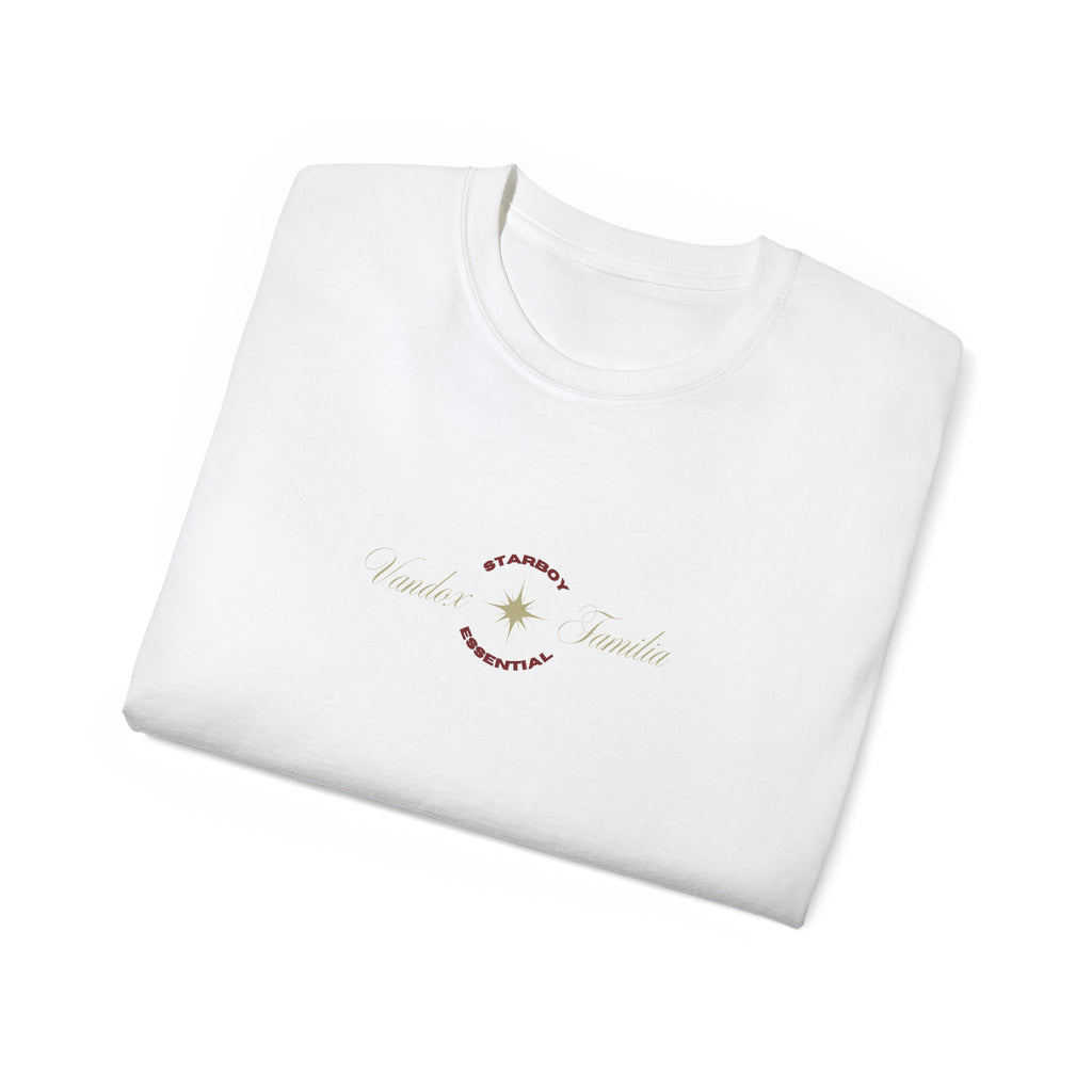 eggshell white Vandox T-Shirt with STARBOY on the back, golden lion surrounded by a majestic golden arch, and a small golden logo featuring a star, and text 'vandox familia starboy essential'. Starboy old money shirt tshirt clothes vandox sacrevandox vandox clothes vandox clothing