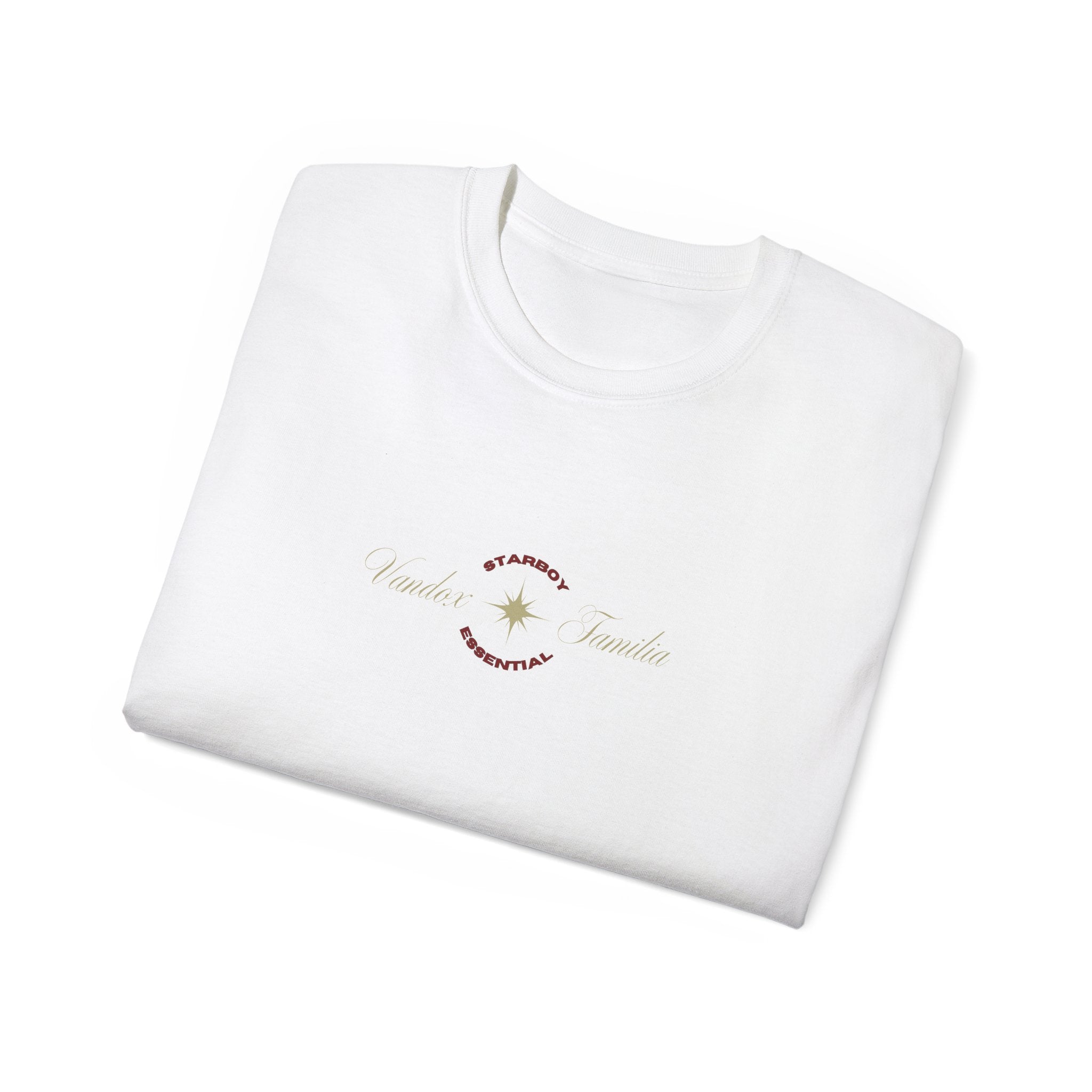 eggshell white Vandox T-Shirt with STARBOY on the back, golden lion surrounded by a majestic golden arch, and a small golden logo featuring a star, and text 'vandox familia starboy essential'. Starboy old money shirt tshirt clothes vandox sacrevandox vandox clothes vandox clothing