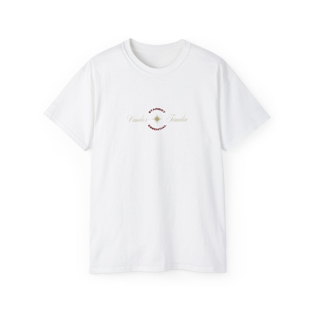 eggshell white Vandox T-Shirt with STARBOY on the back, golden lion surrounded by a majestic golden arch, and a small golden logo featuring a star, and text 'vandox familia starboy essential'. Starboy old money shirt tshirt clothes vandox sacrevandox vandox clothes vandox clothing