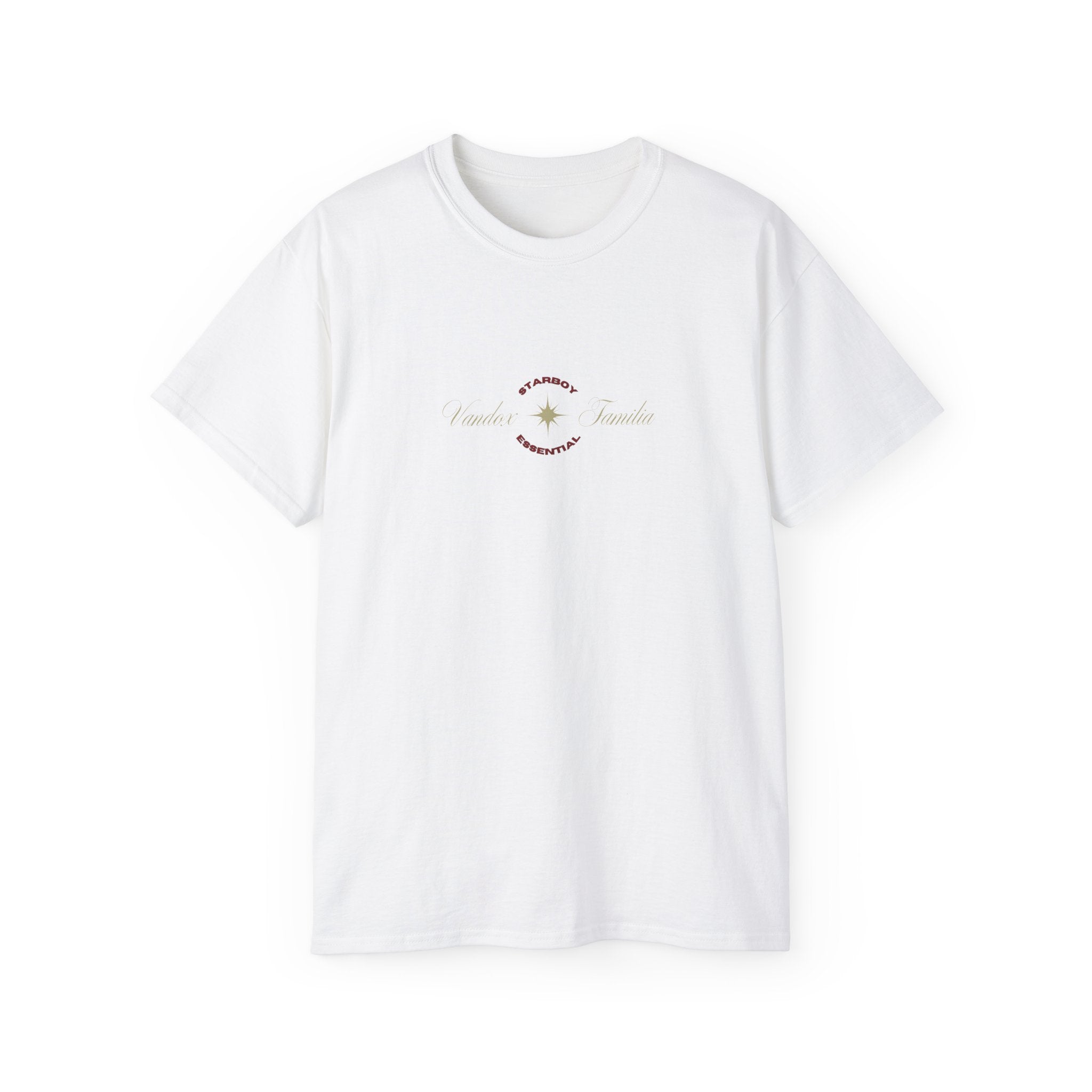 eggshell white Vandox T-Shirt with STARBOY on the back, golden lion surrounded by a majestic golden arch, and a small golden logo featuring a star, and text 'vandox familia starboy essential'. Starboy old money shirt tshirt clothes vandox sacrevandox vandox clothes vandox clothing