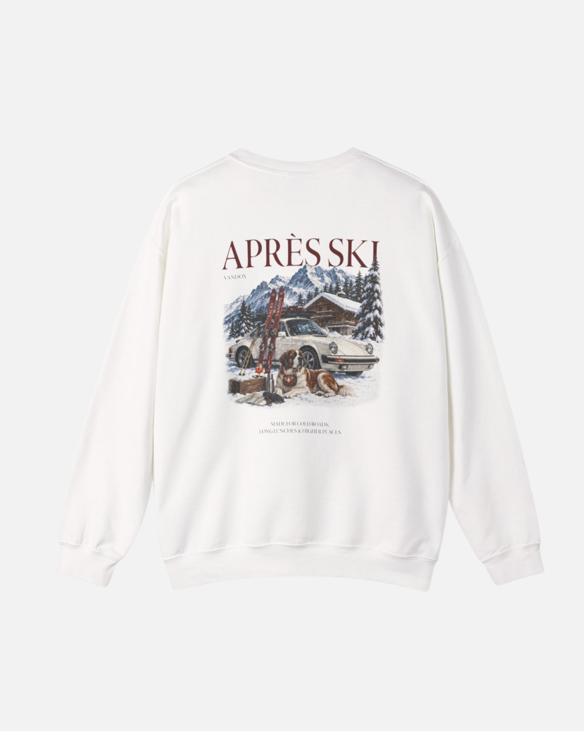 White eggshell white offwhite crewneck sweatshirt back view with Après Ski Vandox alpine scene featuring Porsche 911 Saint Bernard and mountain chalet graphic. Starboy old money hoodie sweatshirt clothes vandox sacrevandox vandox clothes vandox clothing crewneck autumn clothes no hood fall clothes 