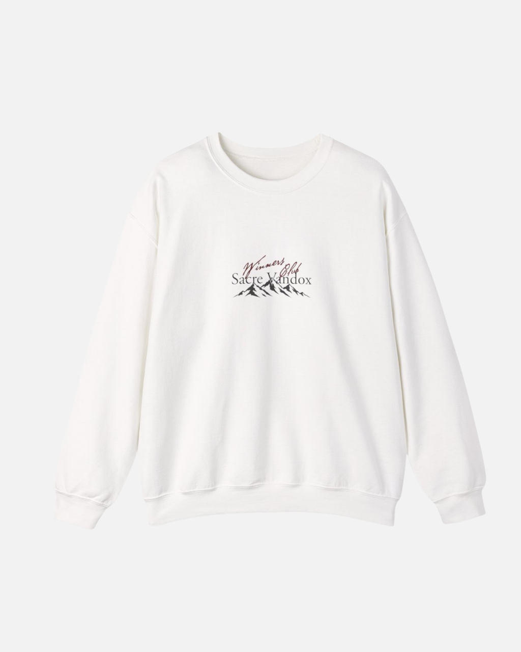 White Vandox Apres Ski crewneck sweatshirt front view with Winners Club Sacre Vandox mountain range chest graphic. Starboy old money hoodie sweatshirt clothes vandox sacrevandox vandox clothes vandox clothing crewneck autumn clothes no hood fall clothes 
