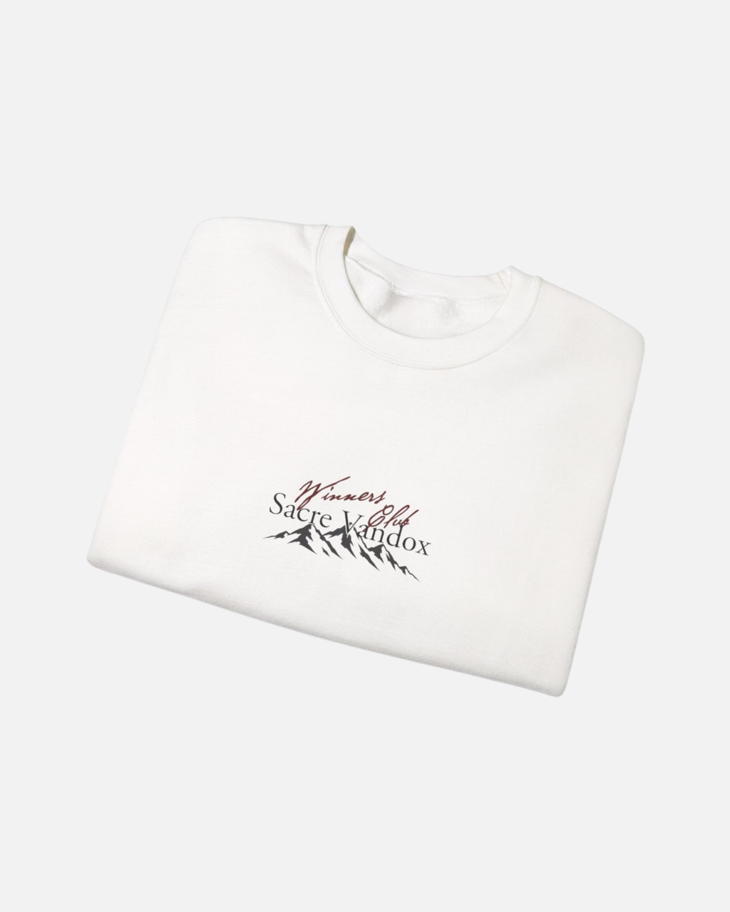 White Vandox Apres Ski crewneck sweatshirt front folded view with Winners Club Sacre Vandox mountain range chest graphic. Starboy old money hoodie sweatshirt clothes vandox sacrevandox vandox clothes vandox clothing crewneck autumn clothes no hood fall clothes 